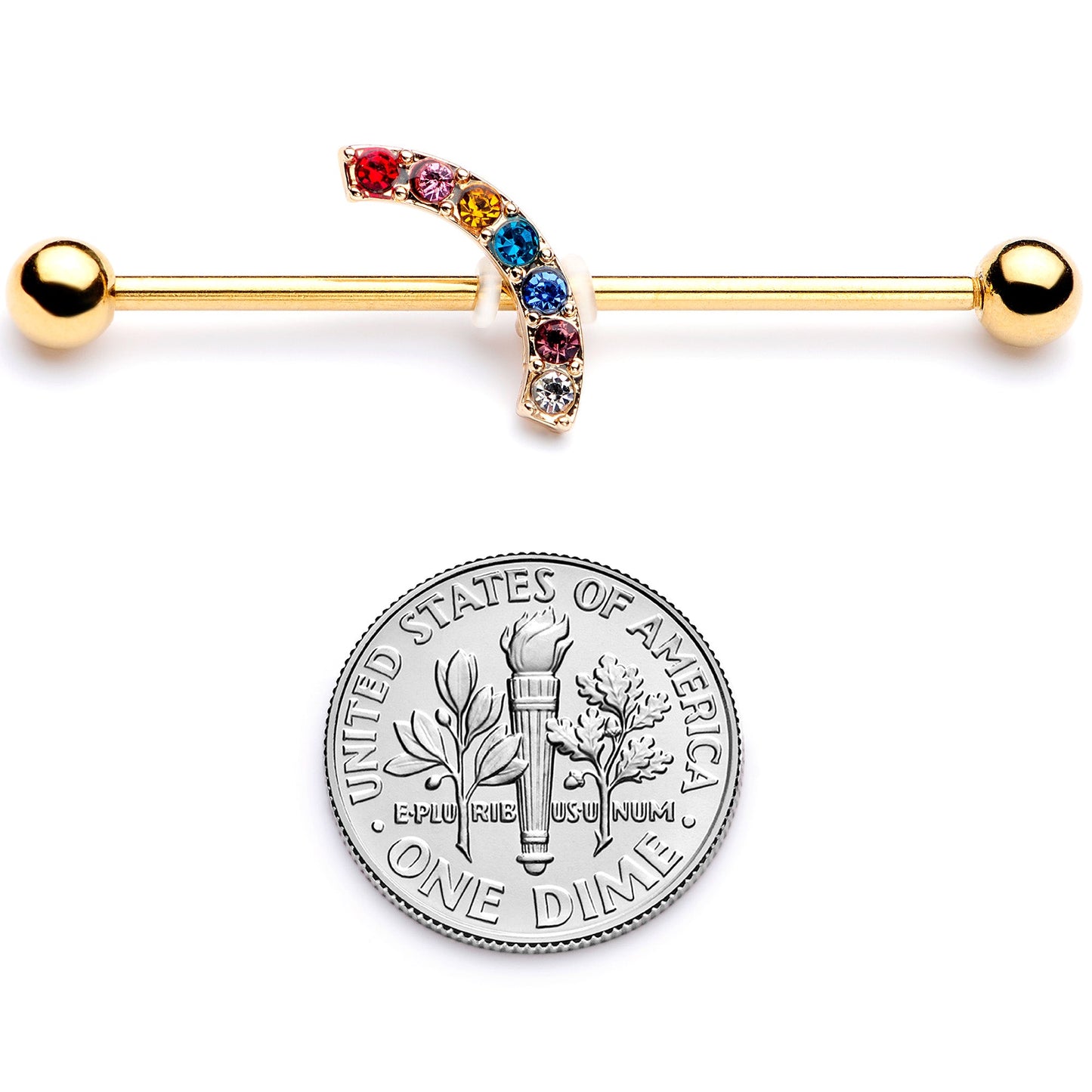 14G Red Blue Gem Gold Tone Rainbow Arc Industrial Barbell 38mm