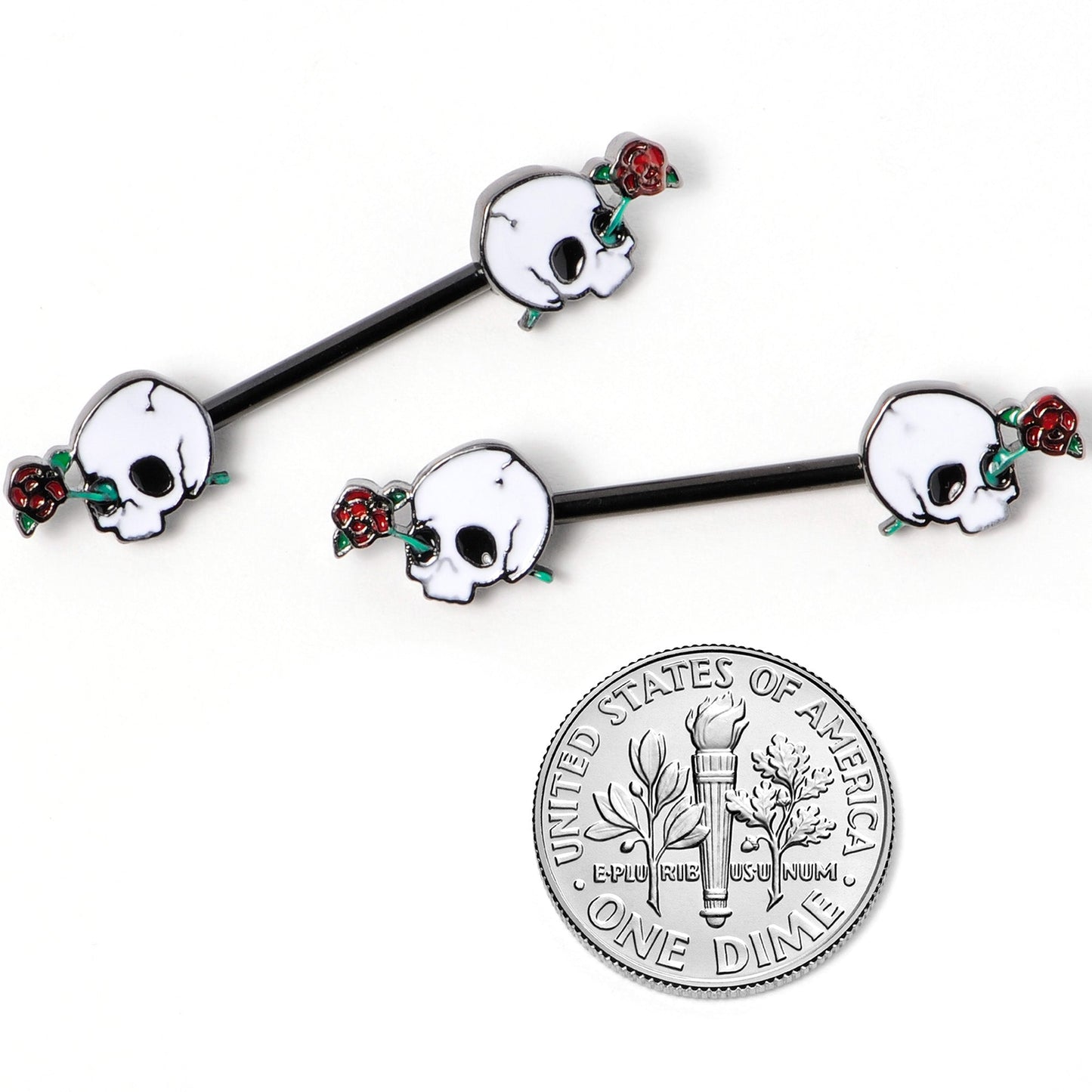 14G 9/16 Black PVD Rose Scary Skull Halloween Nipple Ring Set