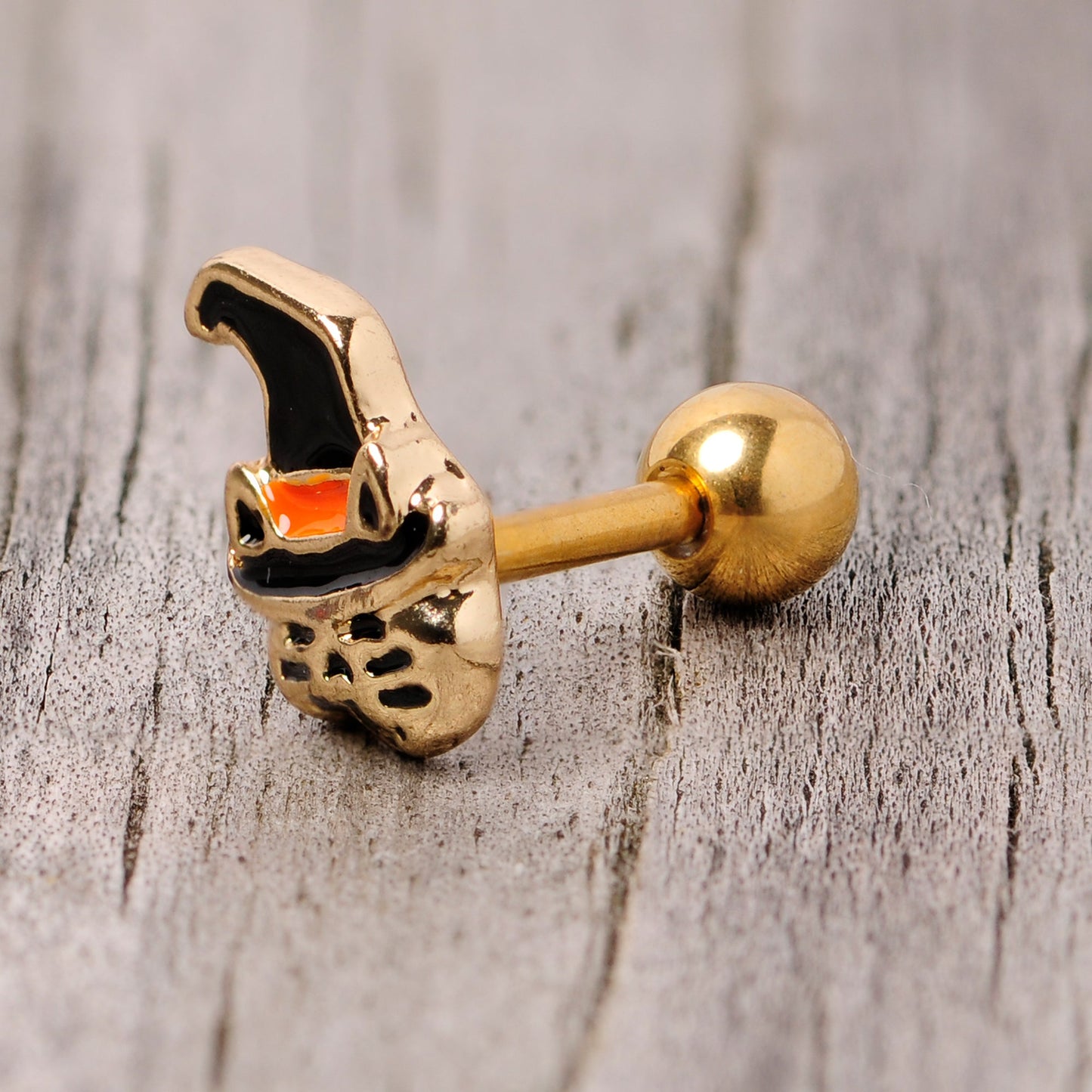 16G 1/4 Black Gold Tone Witch Hat Cat Halloween Cartilage Tragus