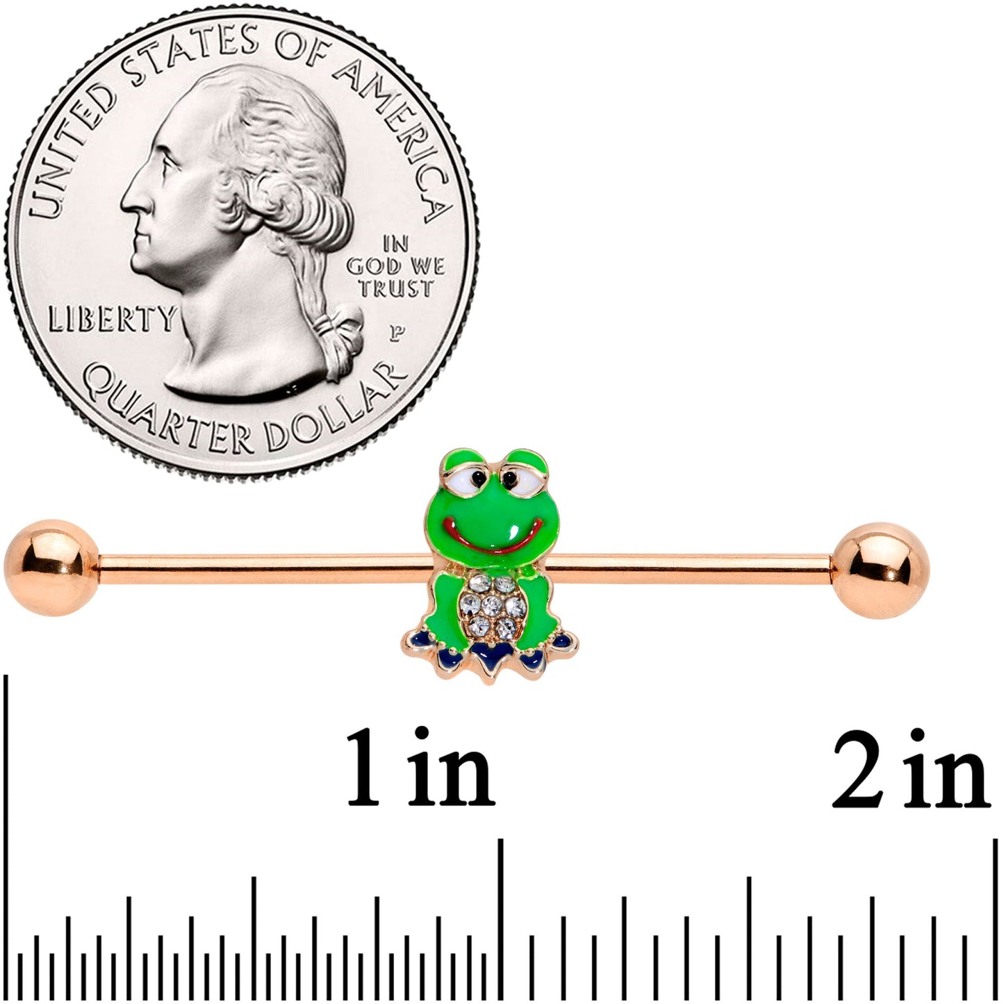 14G Clear Gem Rose Gold Tone Green Frog Industrial Barbell 38mm