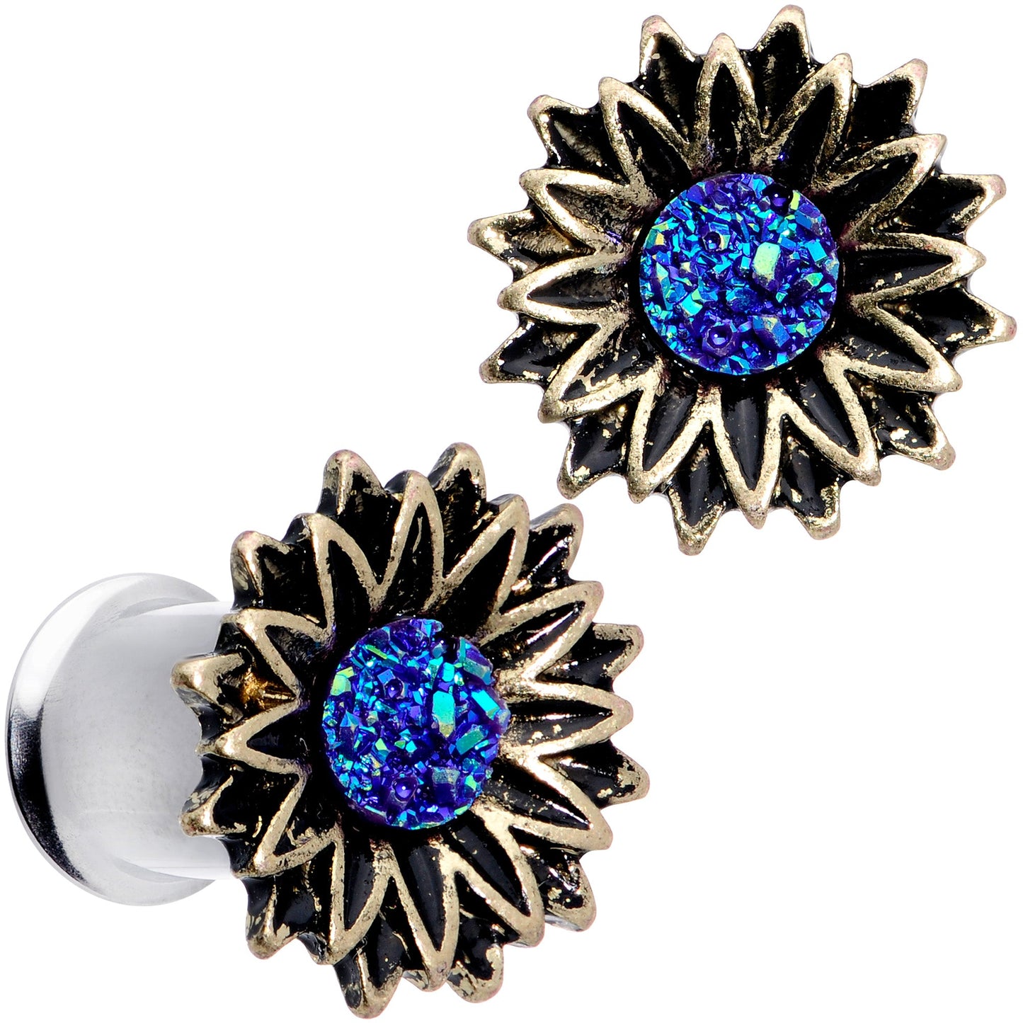 Blue Faux Druzy Sunburst Flower Double Flare Plug Set 2G to 1"