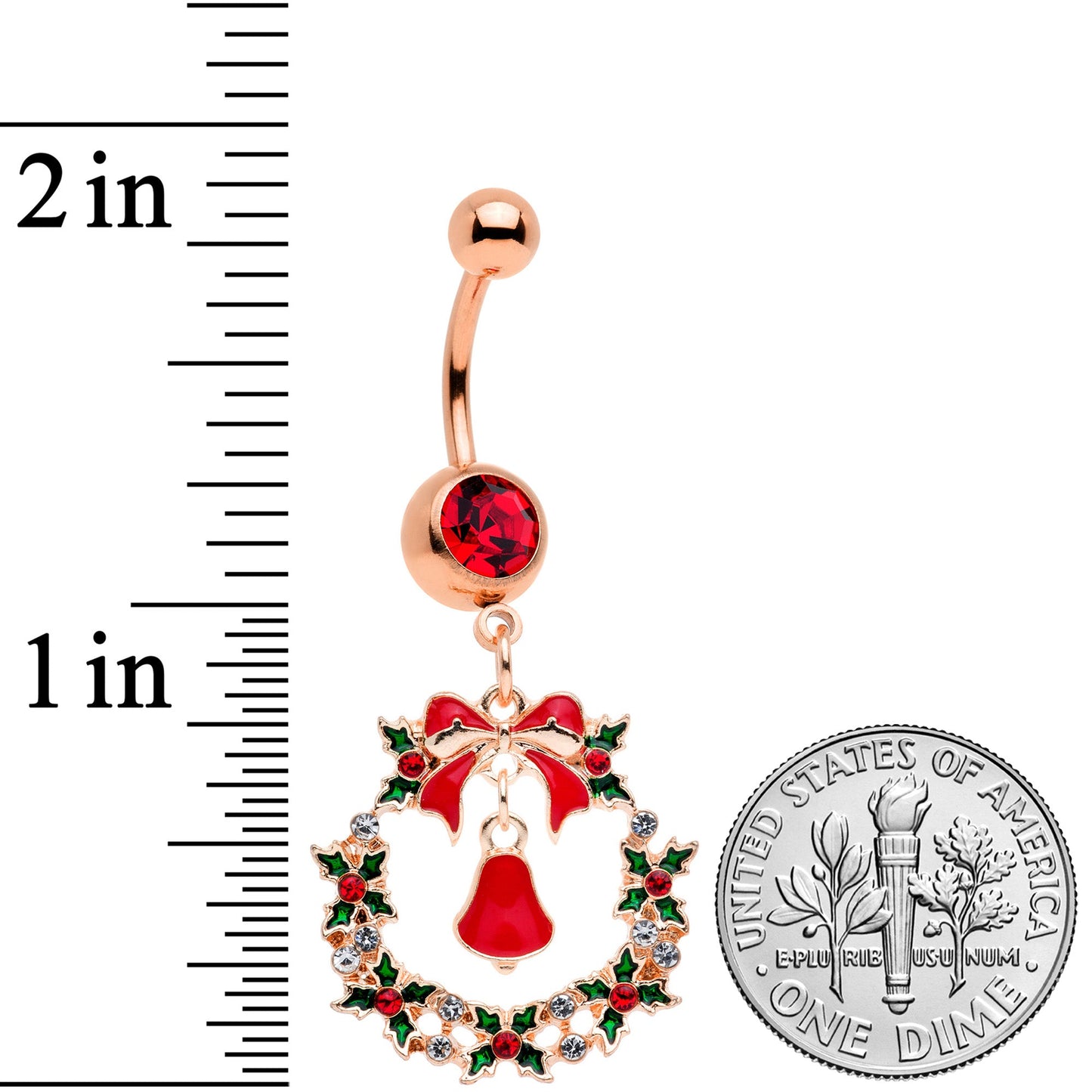 Red Gem Rose Gold Tone Holiday Wreath Christmas Dangle Belly Ring