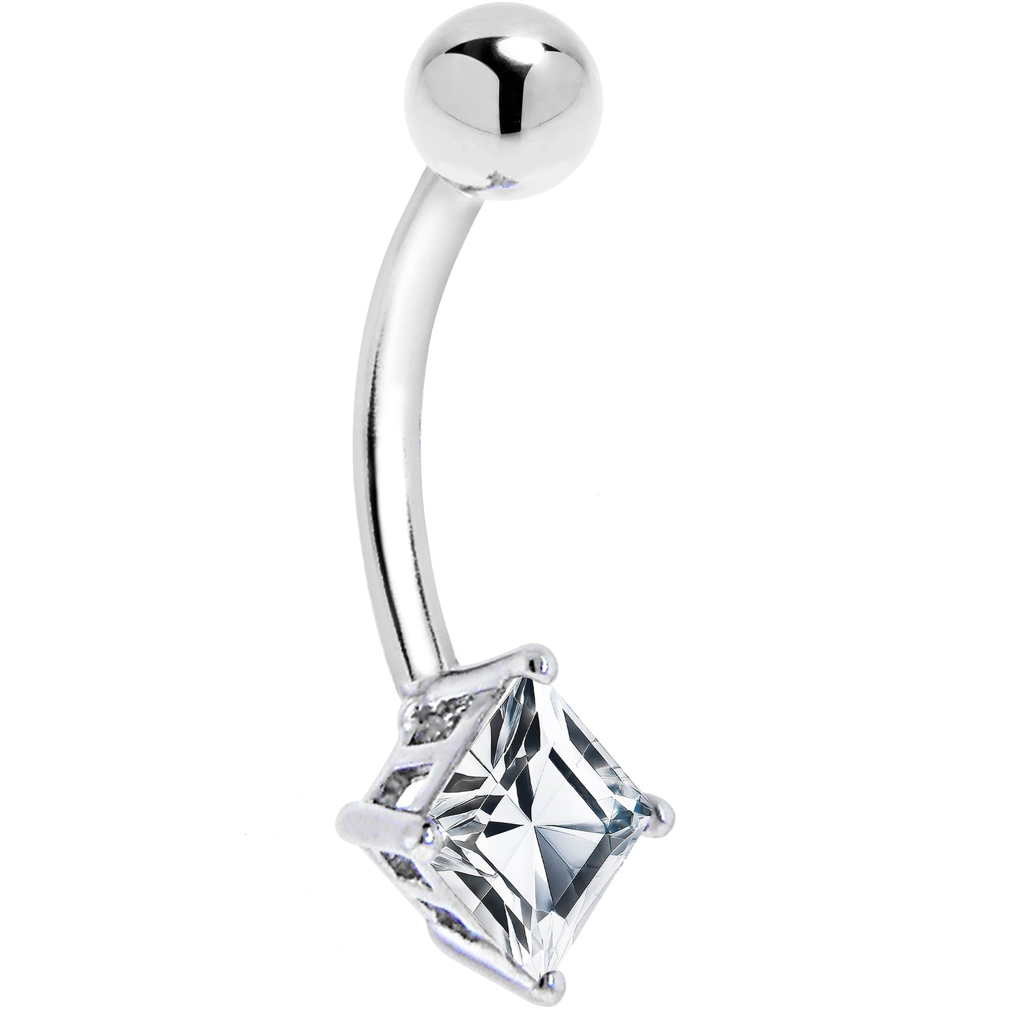16G Solid 14K White Gold CZ SQUARE SOLITAIRE Belly Ring