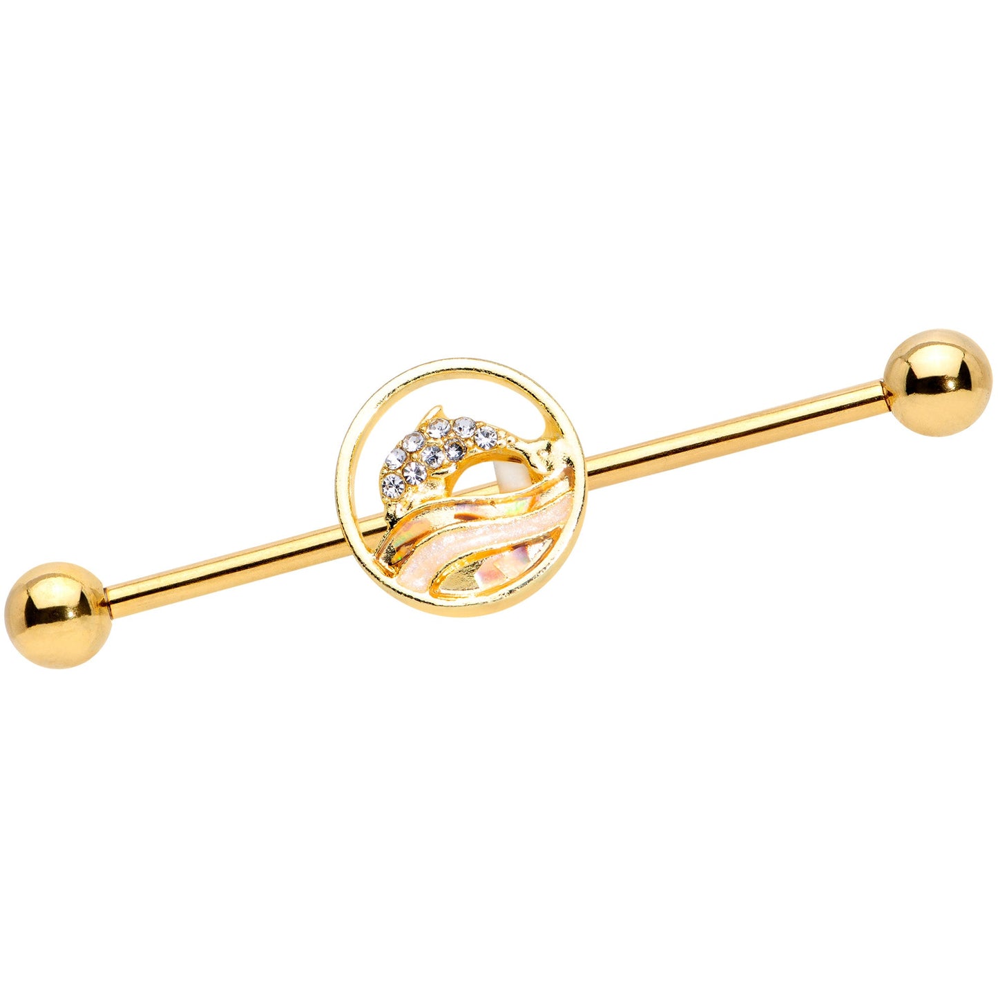 14G Clear Gem Gold Tone Leaping Dolphin Industrial Barbell 38mm