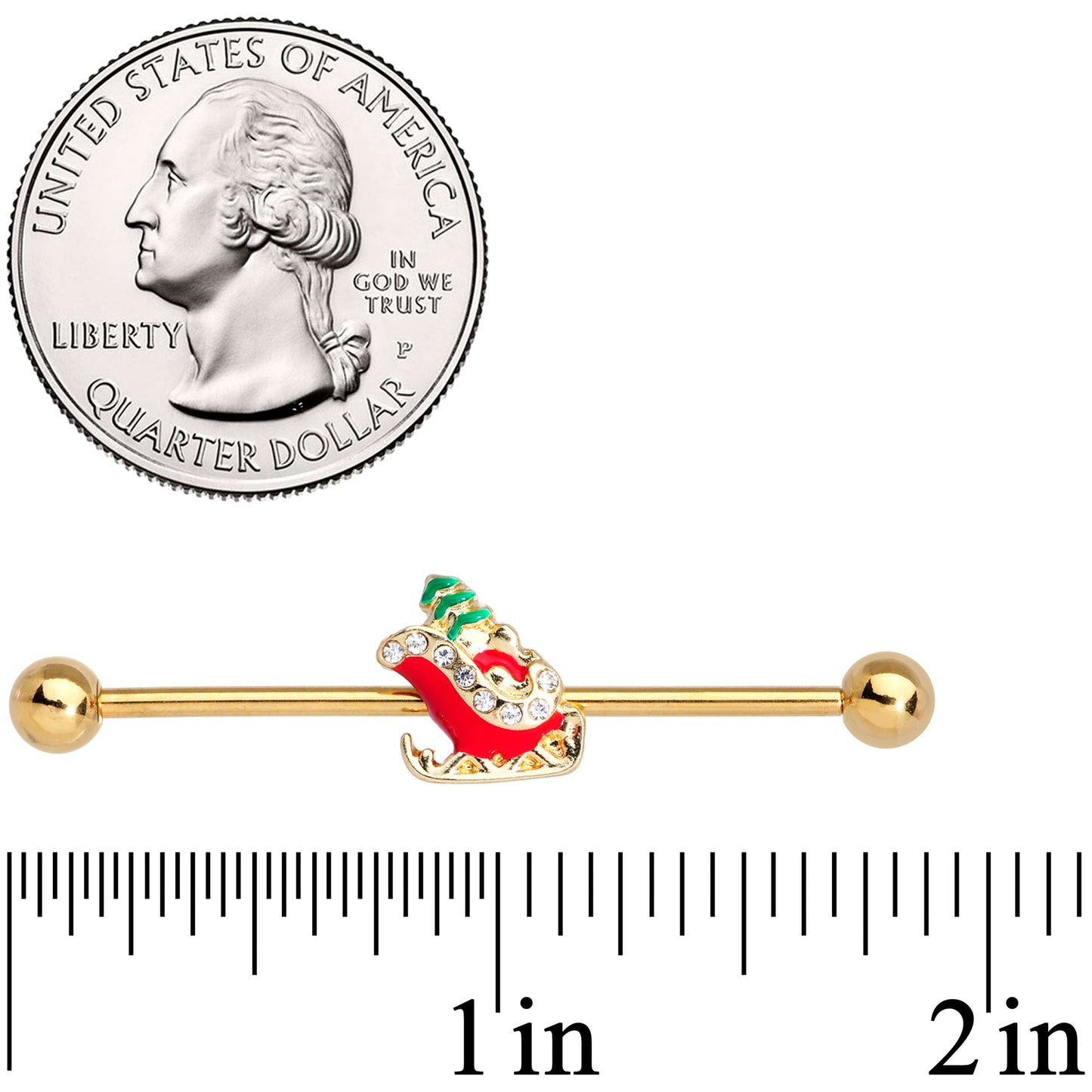 14G Clear Gem Gold Tone Sleigh Christmas Industrial Barbell 38mm