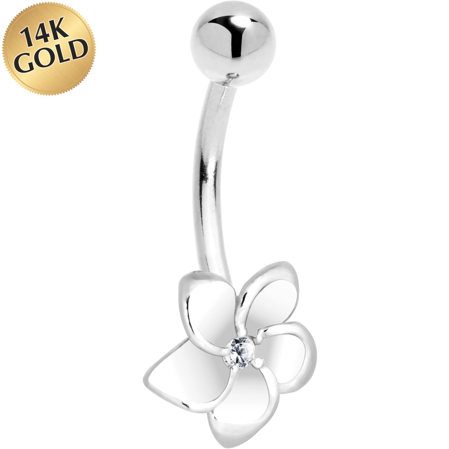 16G Solid 14K White Gold Cubic Zirconia FLOWER Belly Ring