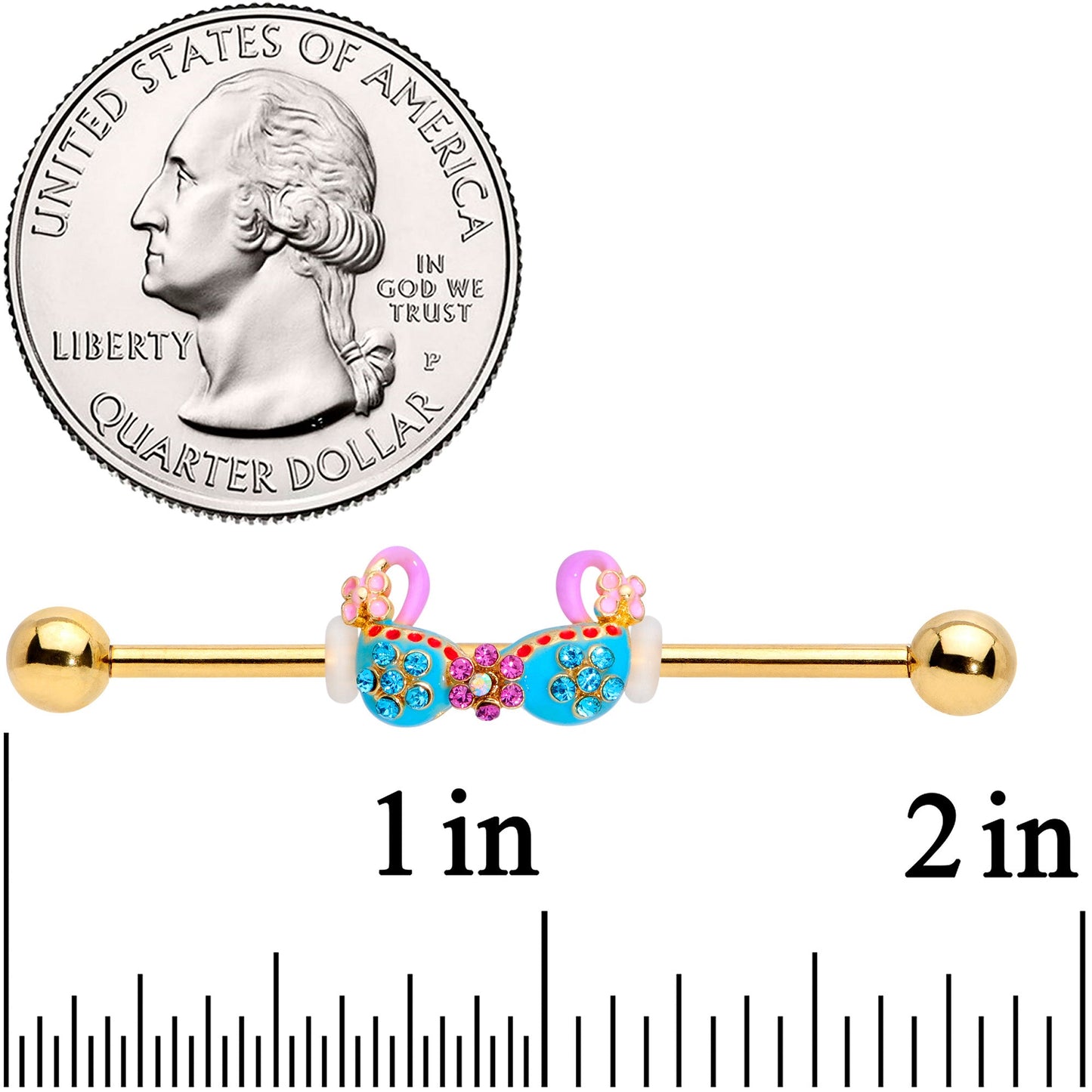 14G Aqua Pink Gem Gold Tone Bikini Top Industrial Barbell 38mm