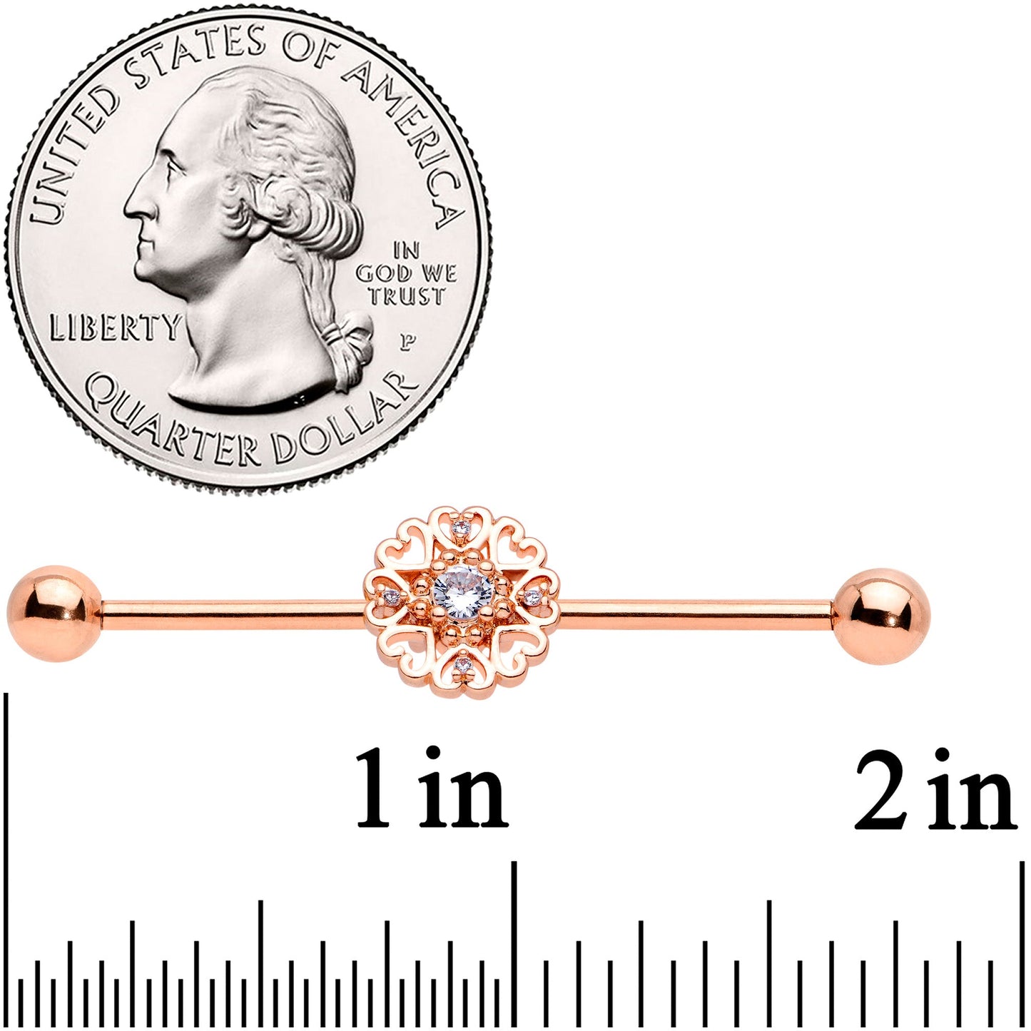 14G Clear CZ Gem Rose Gold Tone Hearts Industrial Barbell 38mm