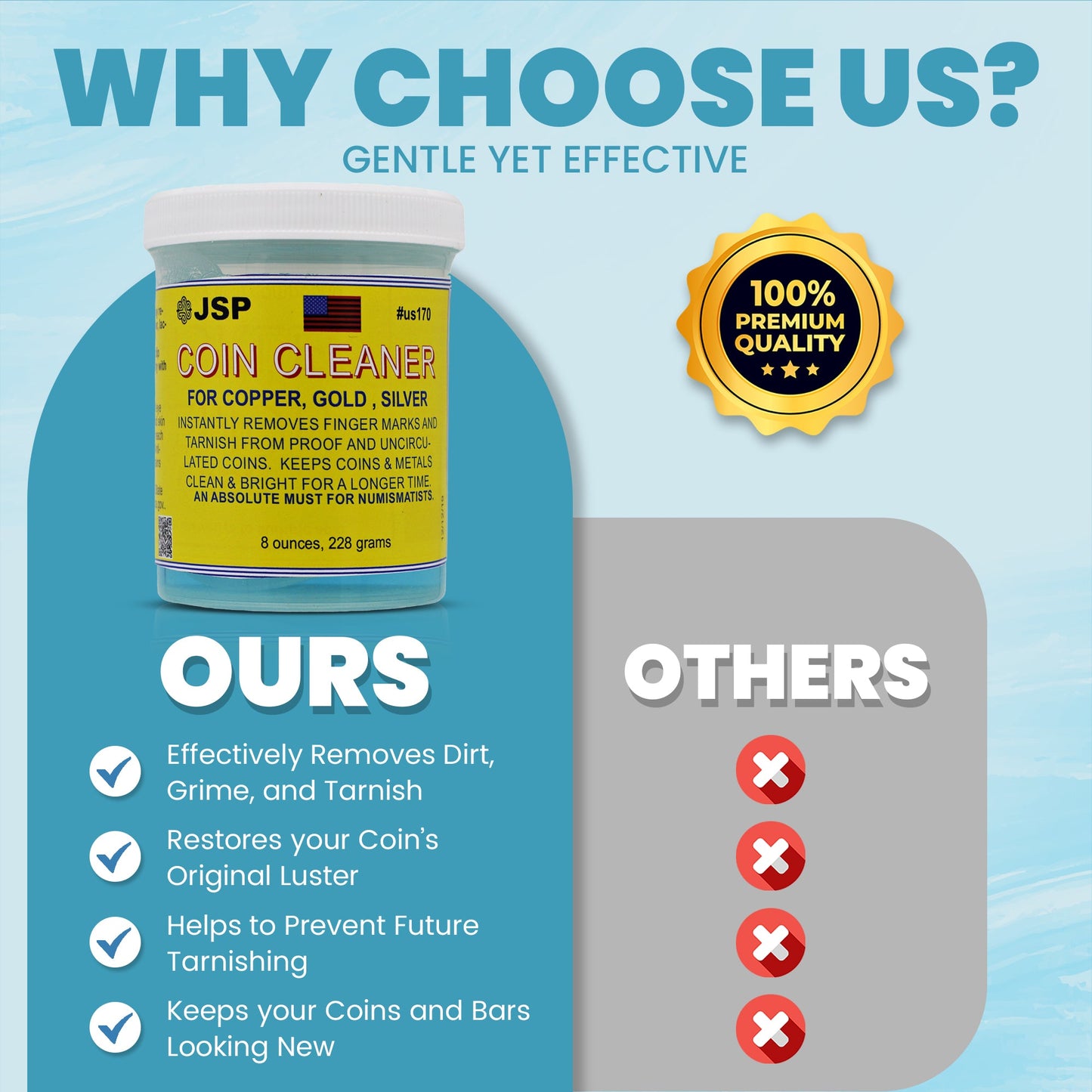 JSP Super Coin Cleaner 16 oz for Copper, Gold, Silver, & Platinum Precious Metals Jewelry Coins Bars