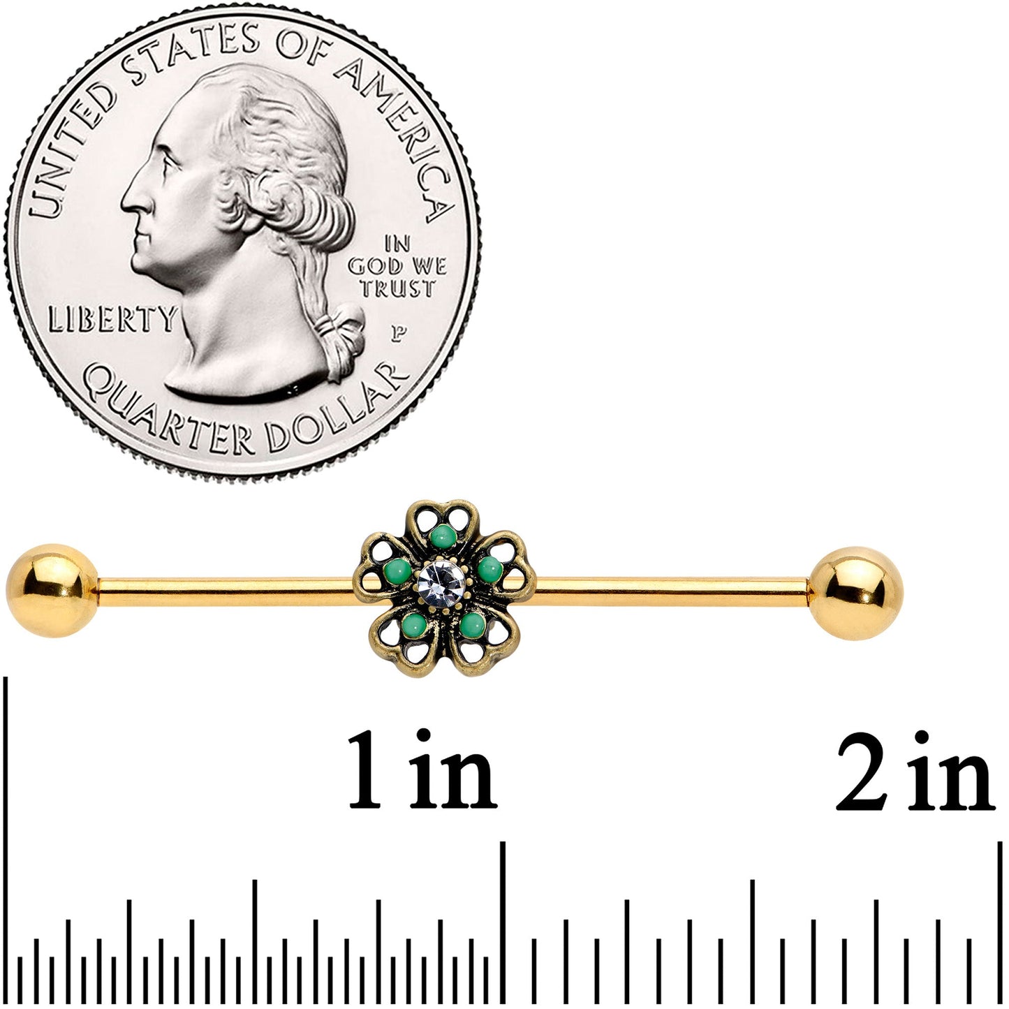 14G Gold Tone Green Flower St Patricks Industrial Barbell 38mm