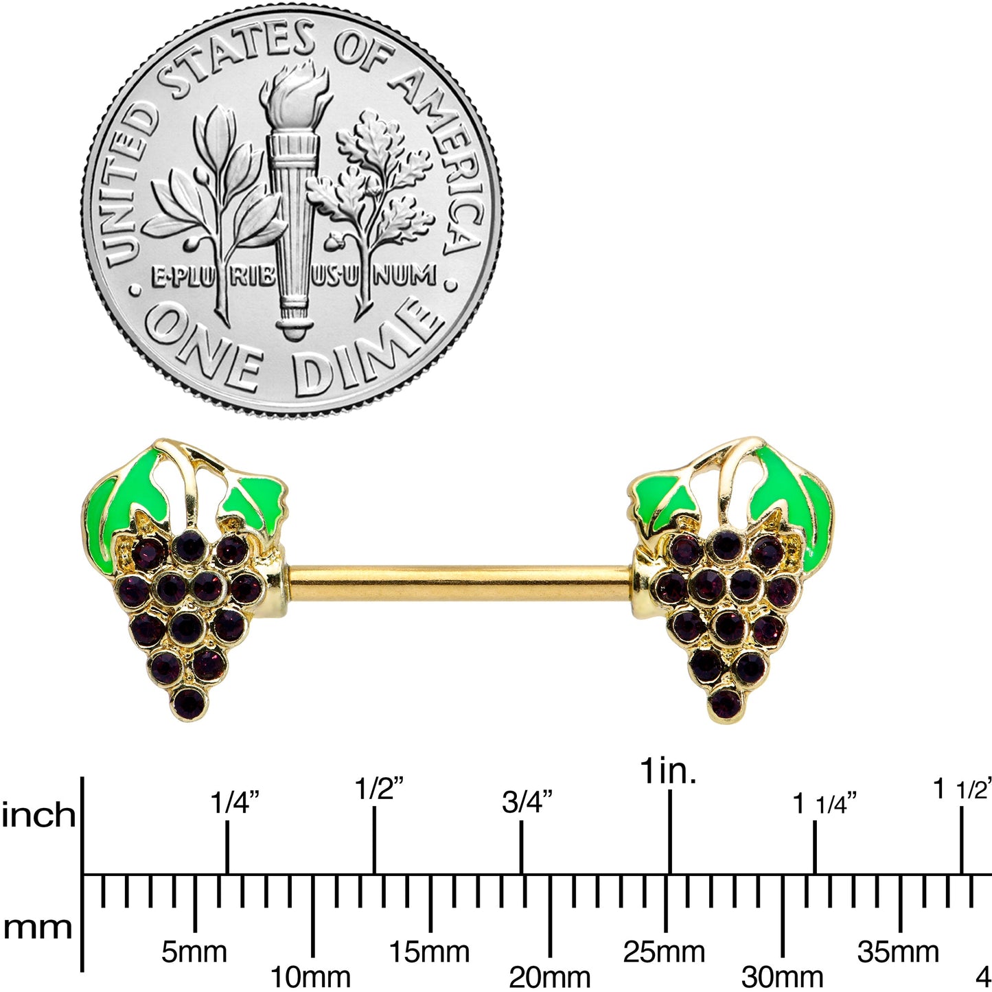 14G 9/16 Gold Tone Delicious Grapes Fruit Barbell Nipple Ring Set