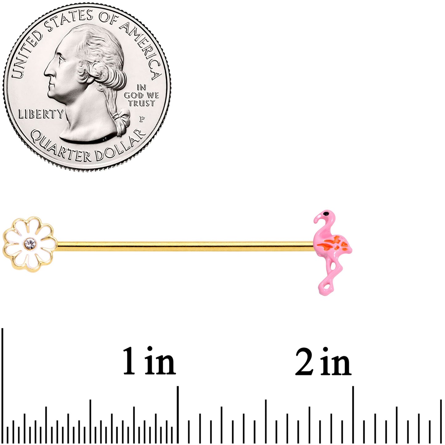 14G Clear Gem Gold Hue Flower Flamingo Industrial Barbell 38mm