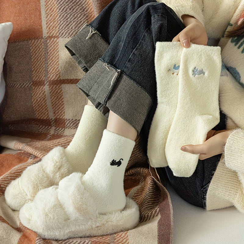 4pcs Cozy Fleece-Lined Women's Socks - Cute Animal Embroidery, Thick & Warm Mid-Calf Winter Home Socks