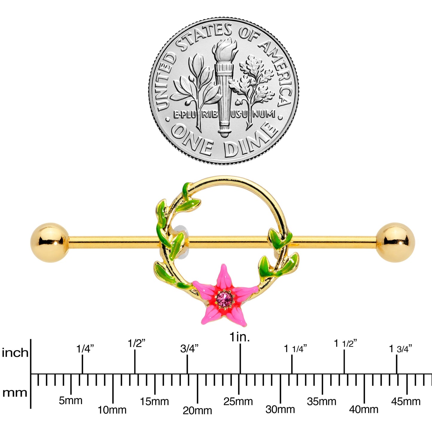14G Pink Gem Gold Hue Exotic Flower Circle Industrial Barbell 38mm