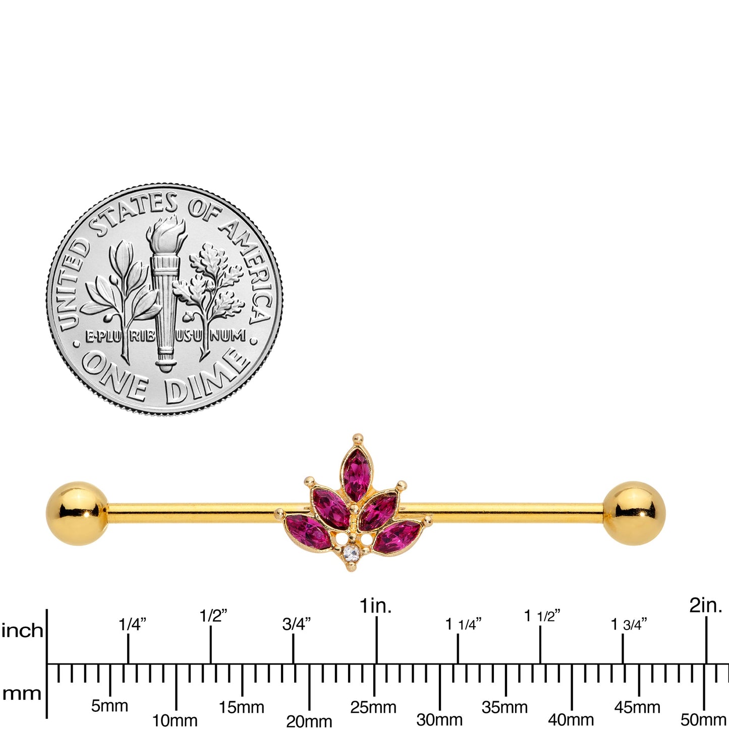 14G Dark Red Gem Gold Tone Autumn Leaves Industrial Barbell 38mm