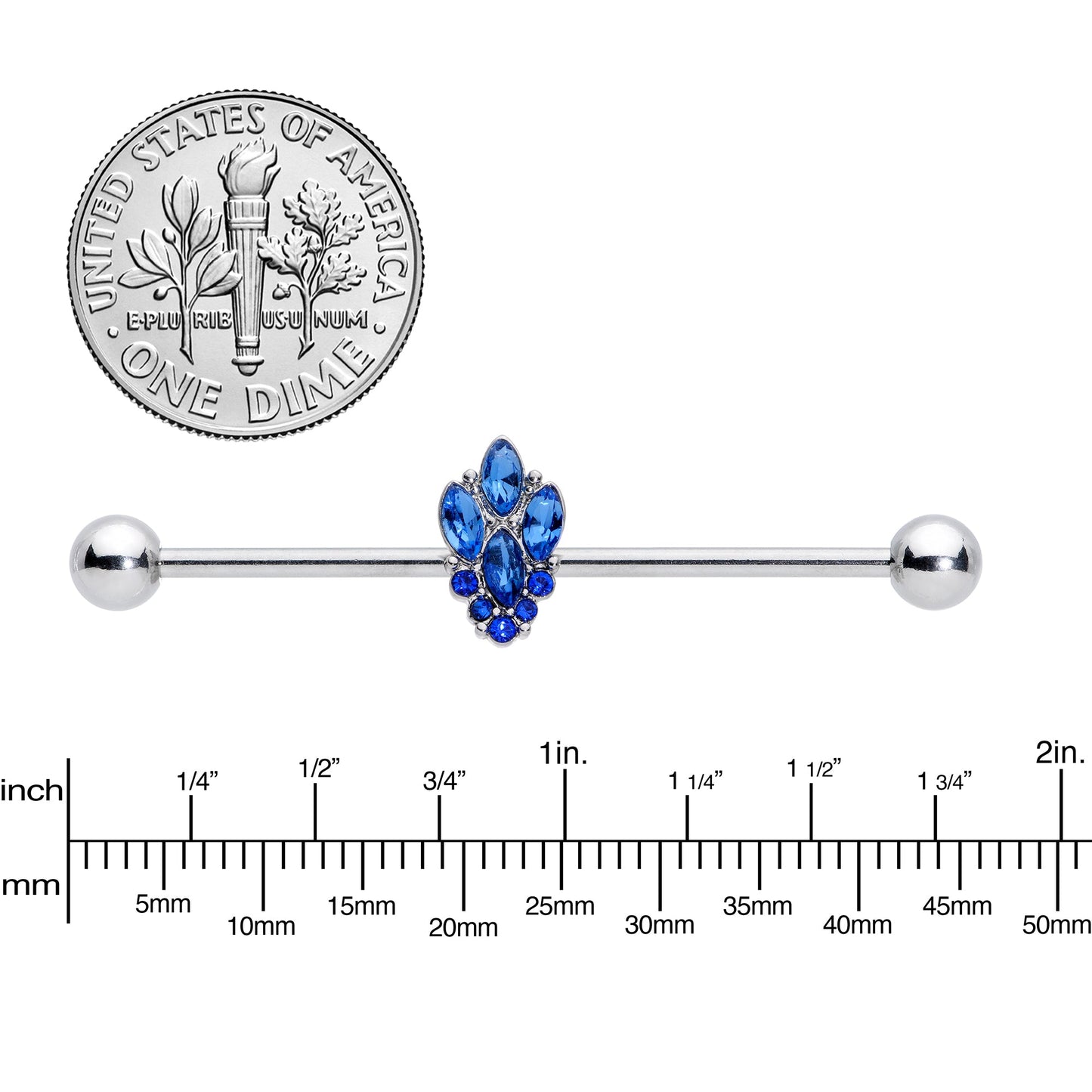 14G Blue CZ Gem Fountain Industrial Barbell 38mm
