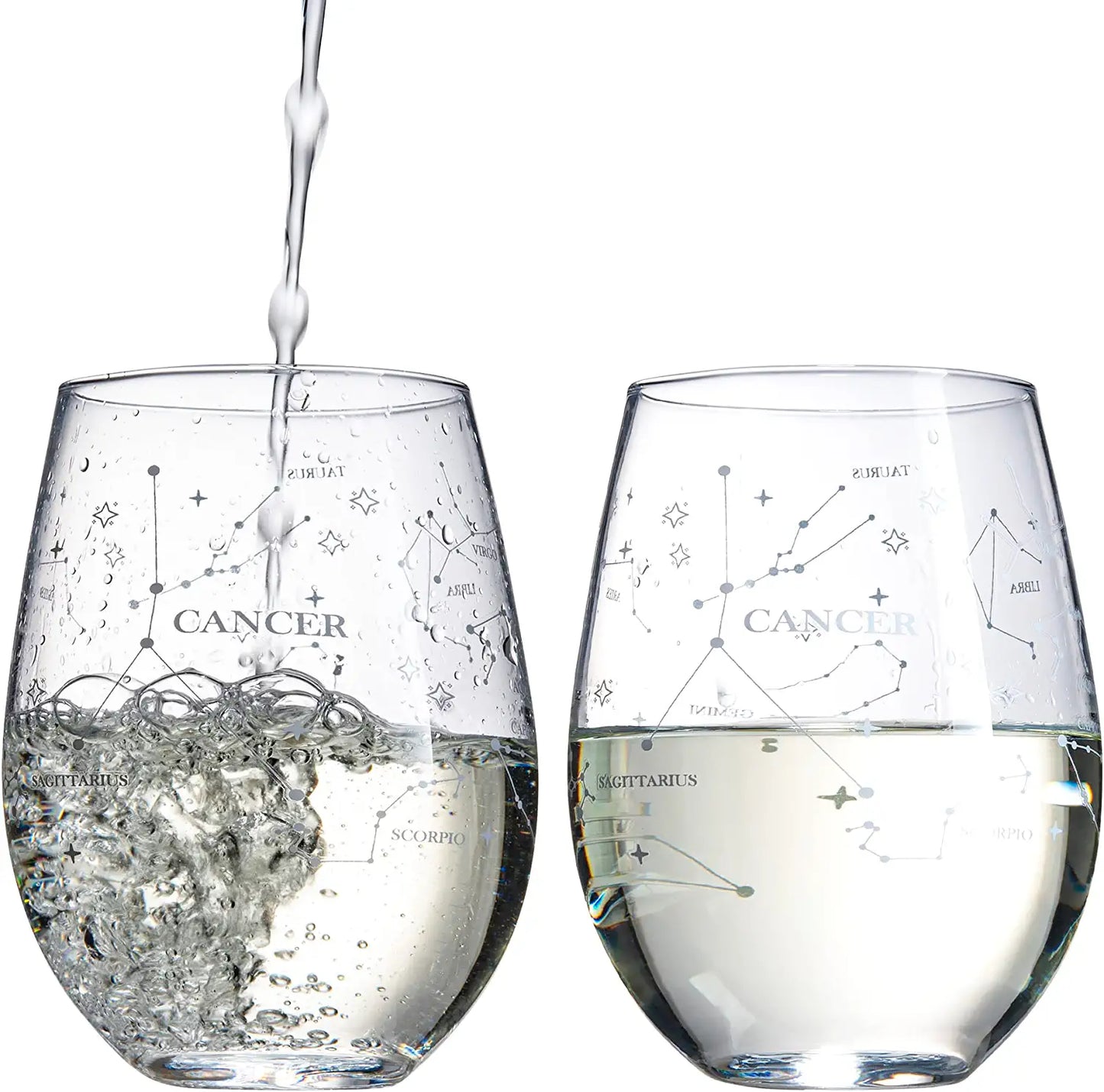 Set of 2 Zodiac Sign Wine Glasses with 2 Wooden Coasters by The Wine Savant - Astrology Drinking Glass Set with Etched Constellation Tumblers for Juice, Water Home Bar Horoscope Gifts 18oz (Cancer)