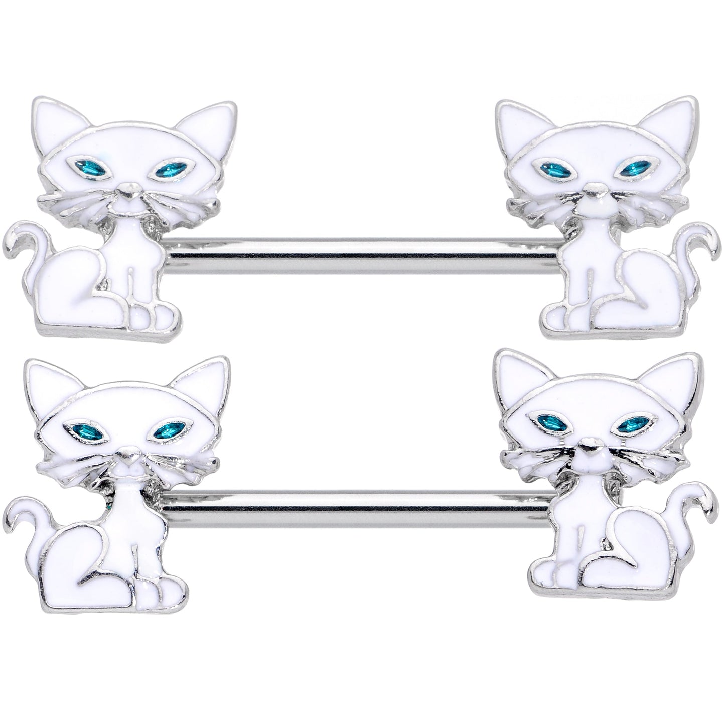 14G 9/16 Blue Eyed White Cat Barbell Nipple Ring Set