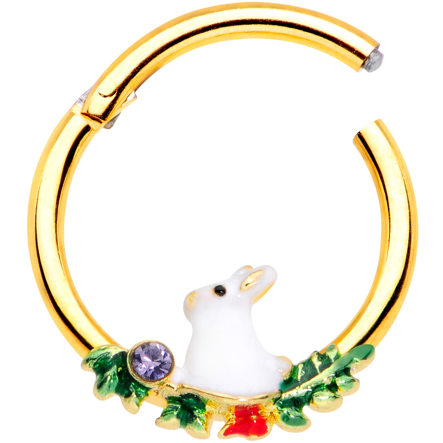 16G 3/8 Purple Gem Gold Tone White Rabbit Hinged Segment Ring