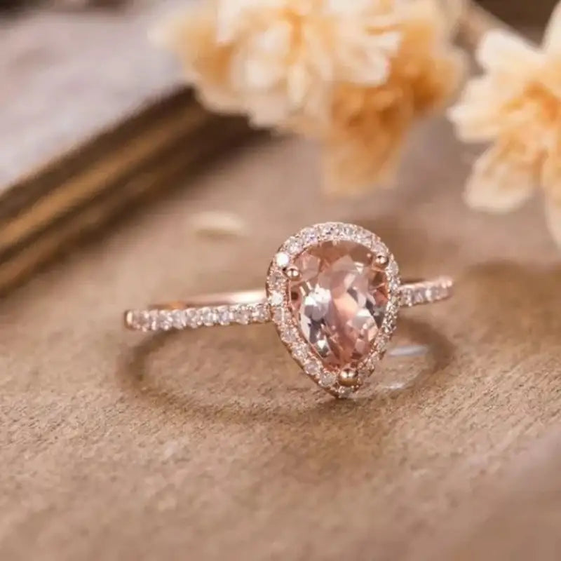 European And American 18K Rose Gold Plated Inlaid Pink Crystal Water Drop Pear-shaped Ring