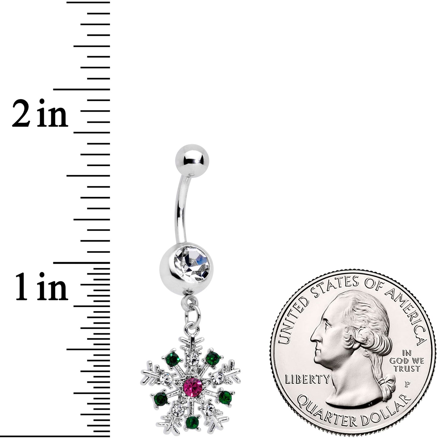 Clear Pink Green Gem Snowflake Holiday Dangle Belly Ring