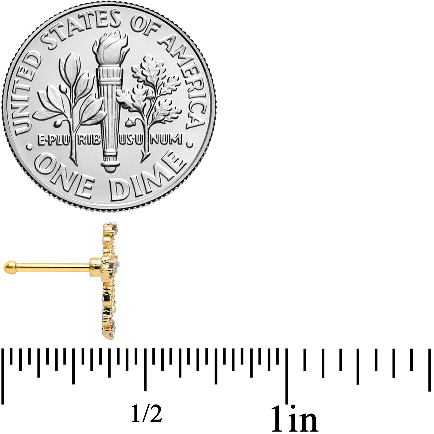 20G 1/4 Aurora CZ Gem Gold Tone Subtle Cross Nose Bone