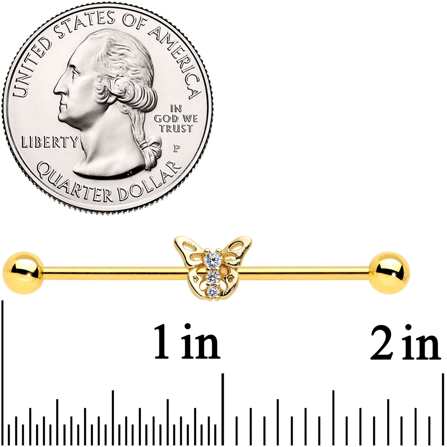 14G Clear CZ Gem Gold Tone Open Butterfly Industrial Barbell 38mm