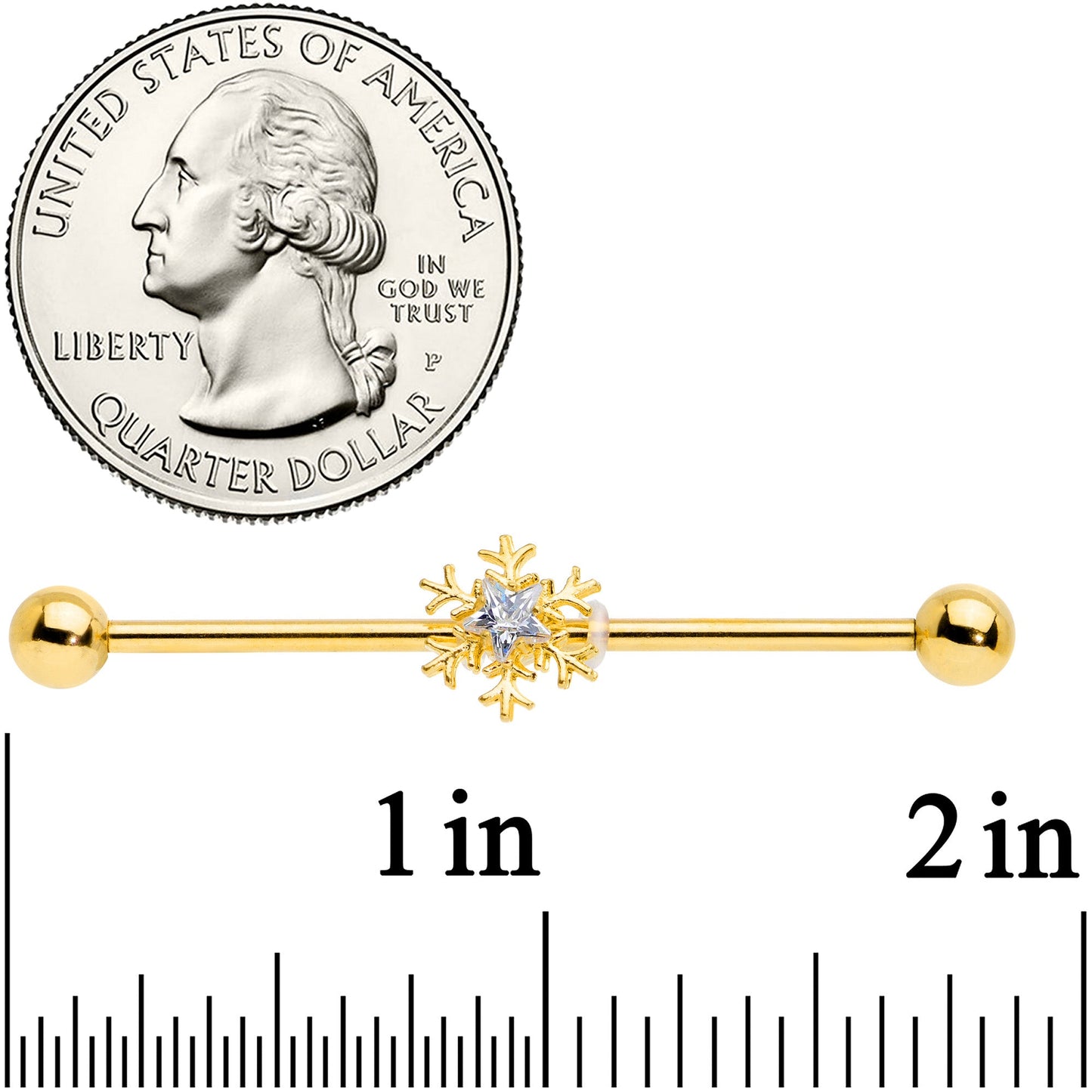 14G Clear Gem Gold Hue Snowflake Christmas Industrial Barbell 38mm