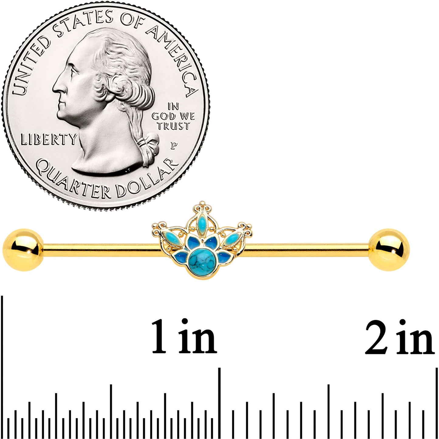 14G Turquoise Gold Tone Opulent Bloom Industrial Barbell 38mm