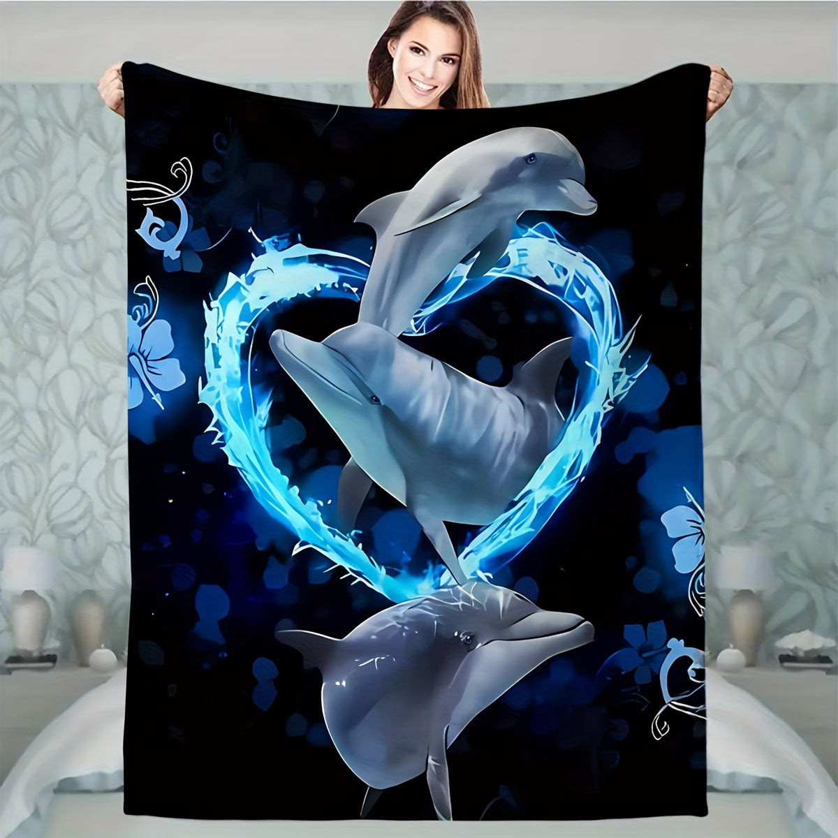 1pc Contemporary Reversible Flannel Blanket, 3D Digital Printed Blue Dolphin Design, All-Season Multipurpose Knitted Polyester Throw for Sofa, Room, Camping, Beach, Party, Office Break - 200-250gsm