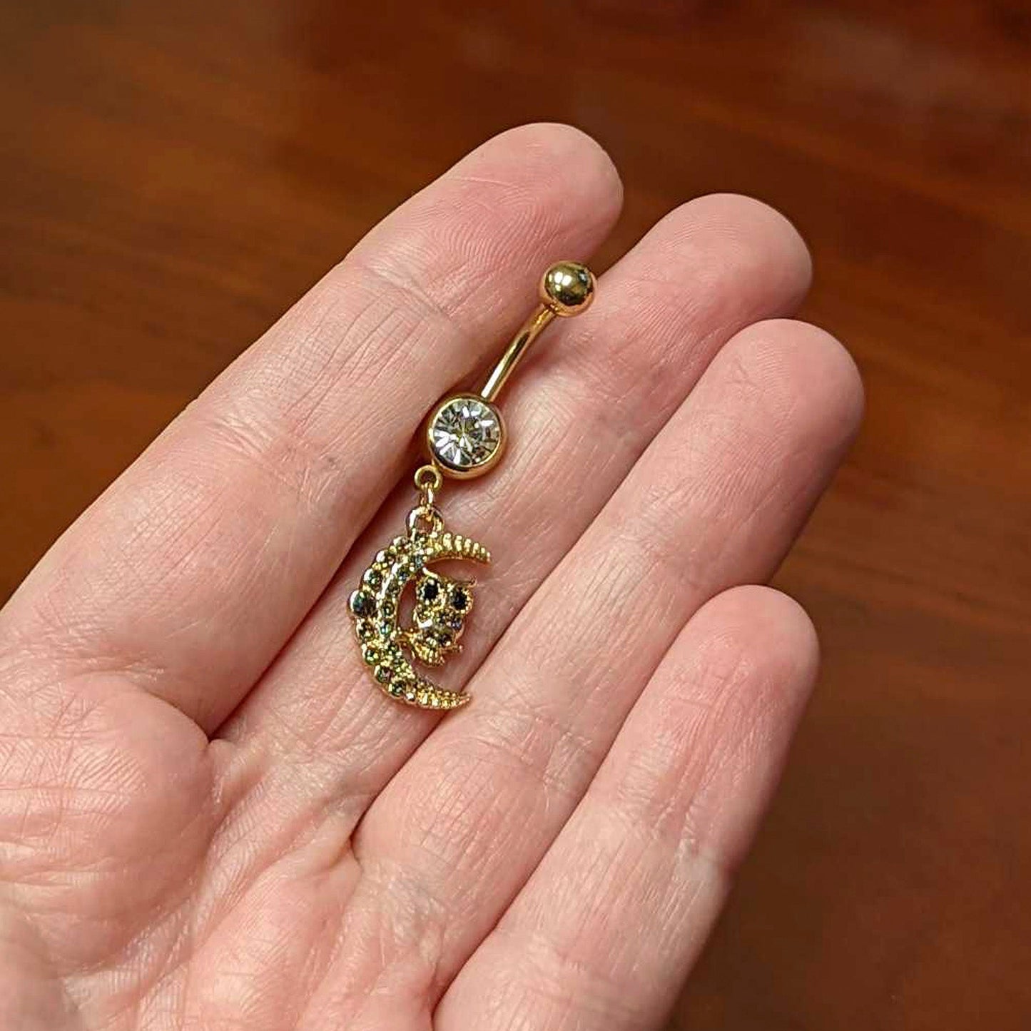 Clear Aurora Black Gem Gold Tone Owl Moon Dangle Belly Ring