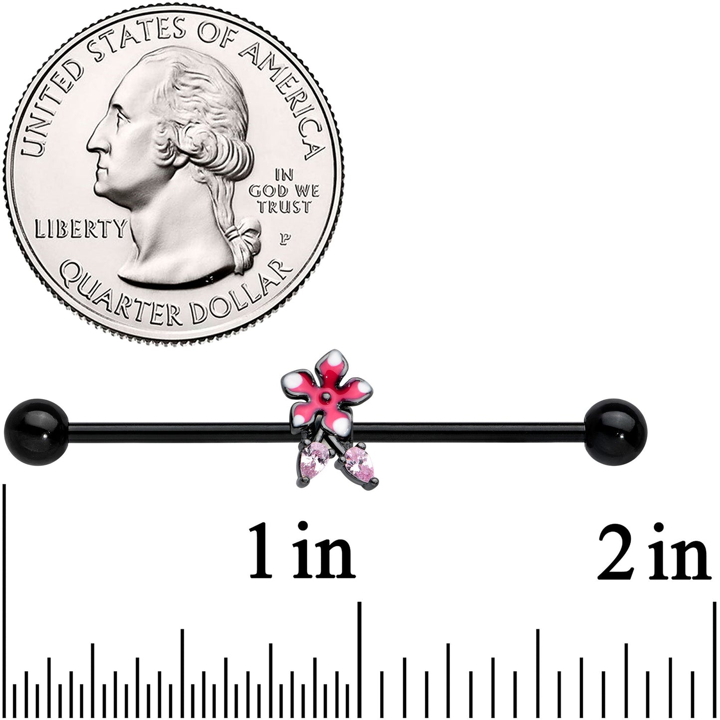 14G Pink Gem Black Fanciful Flower Industrial Barbell 38mm