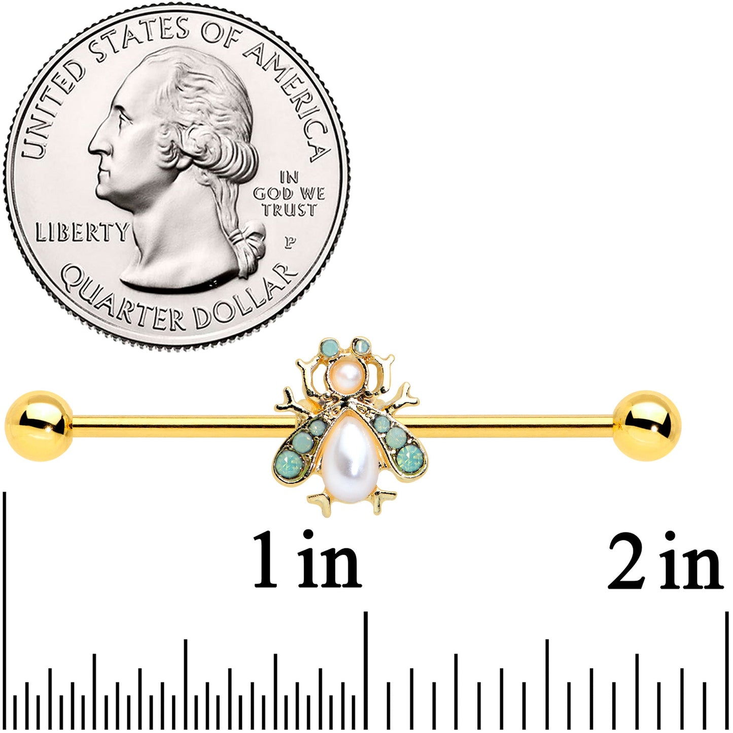 14G White Gem Gold Tone Snow Bug Industrial Barbell 38mm