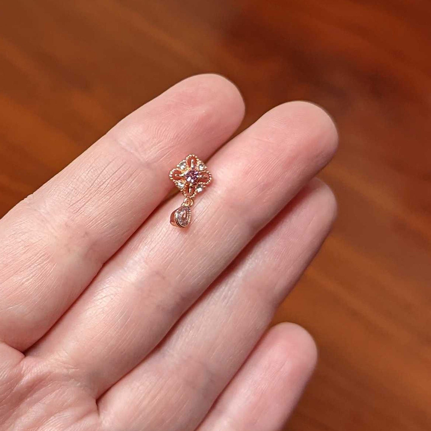 16G 1/4 Clear Pink Gem Rose Gold Tone Cross Dangle Labret Tragus