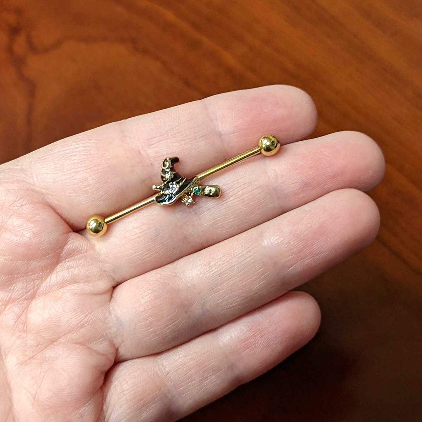 14G Clear Gem Gold Tone Witch Hat Broom Industrial Barbell 38mm