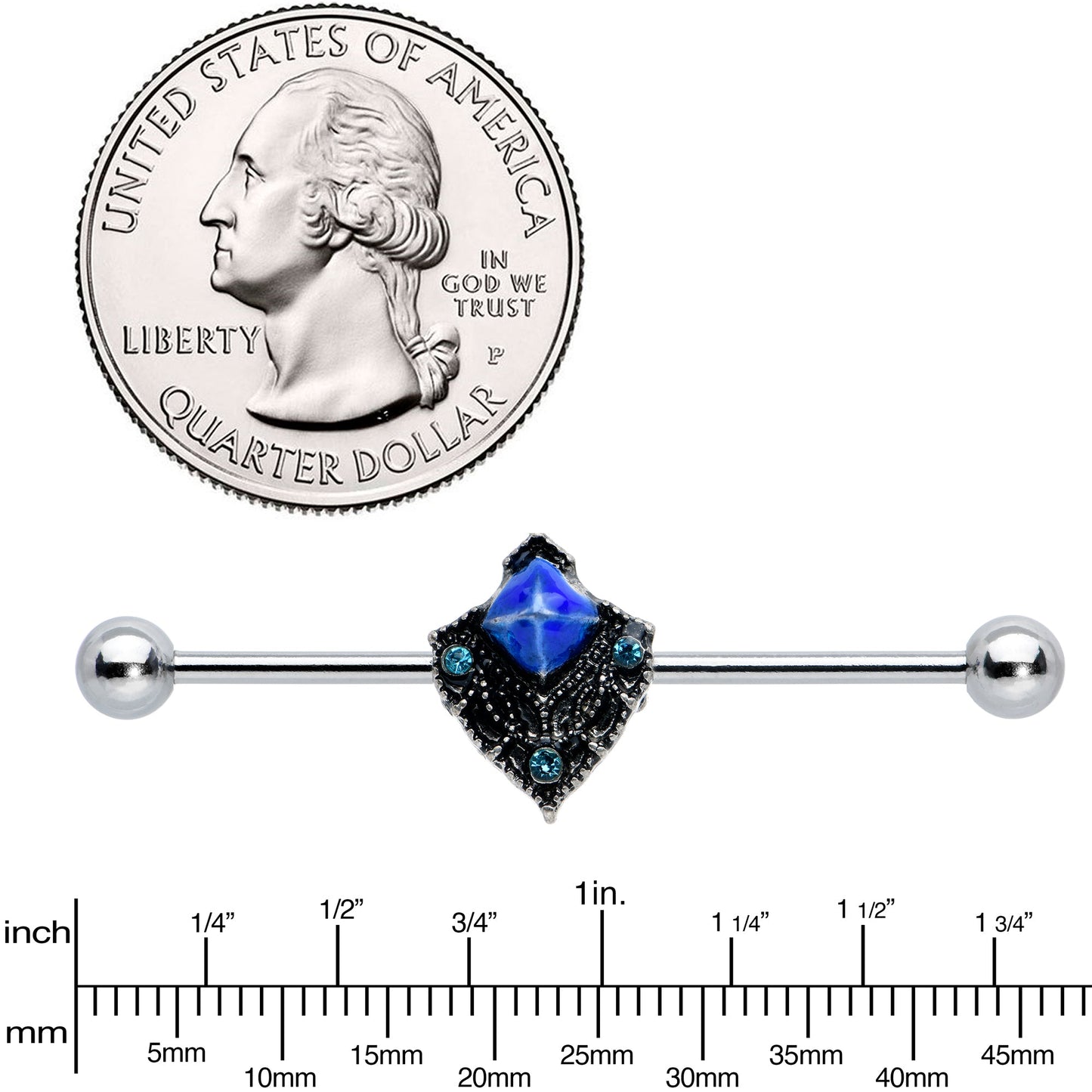 14G Blue Gem Rococo Blues Elegant Industrial Barbell 38mm
