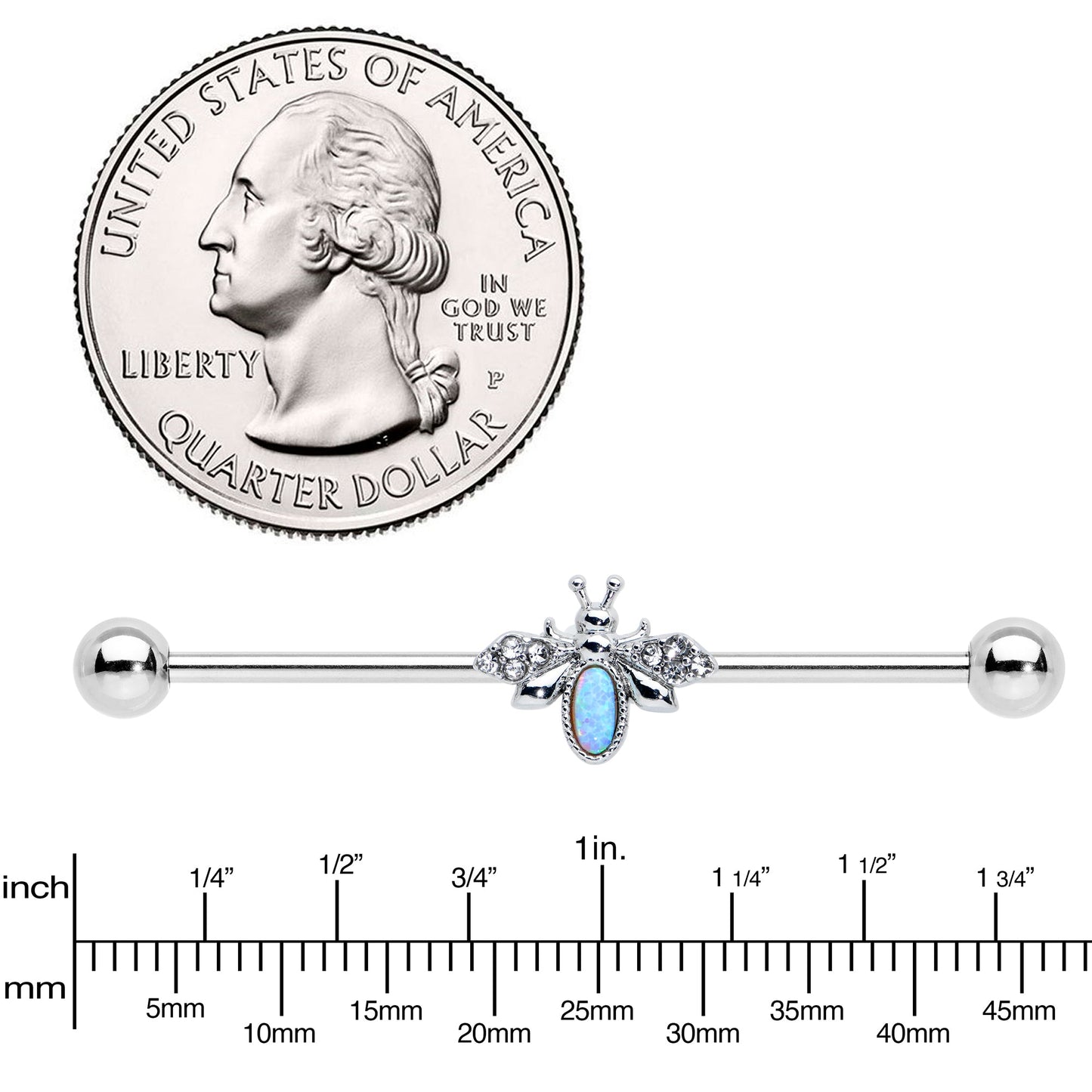 14G White Synthetic Opal Elegant Insect Industrial Barbell 38mm