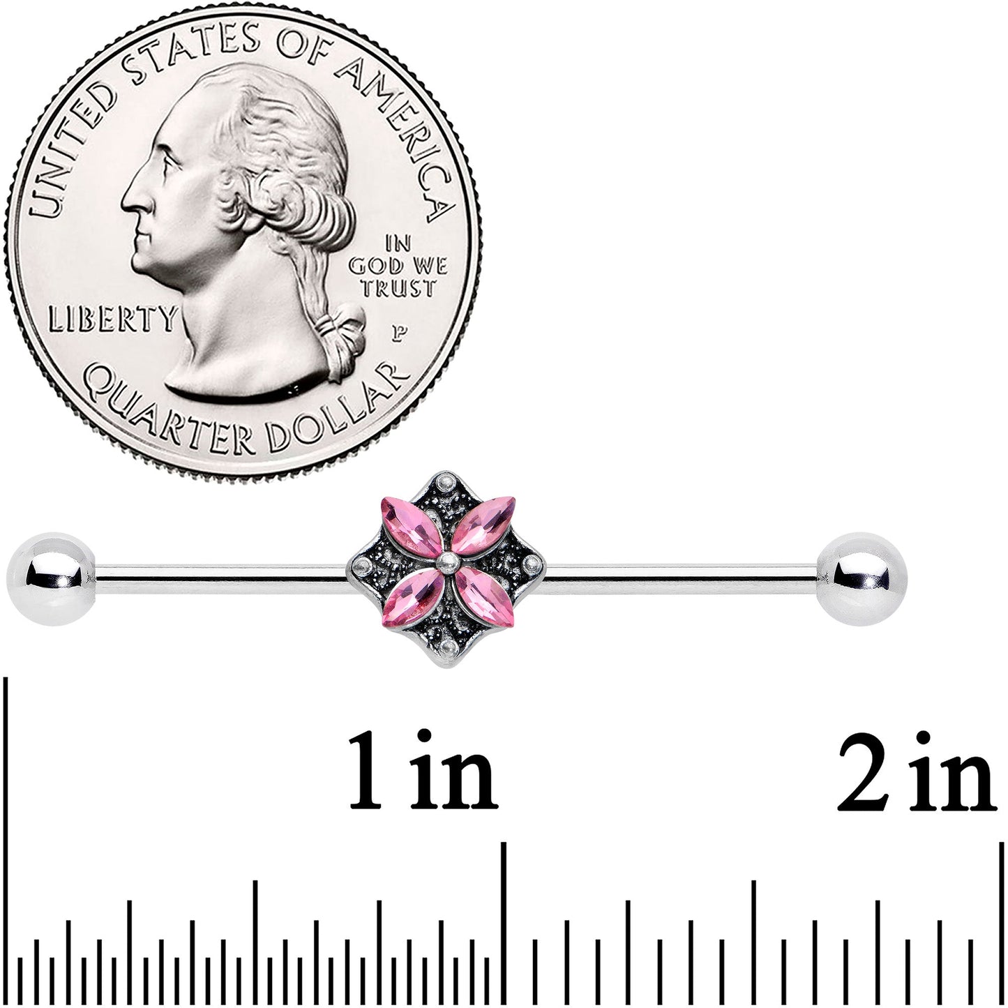 14G Pink Gem Rhombus Flower Industrial Barbell 38mm
