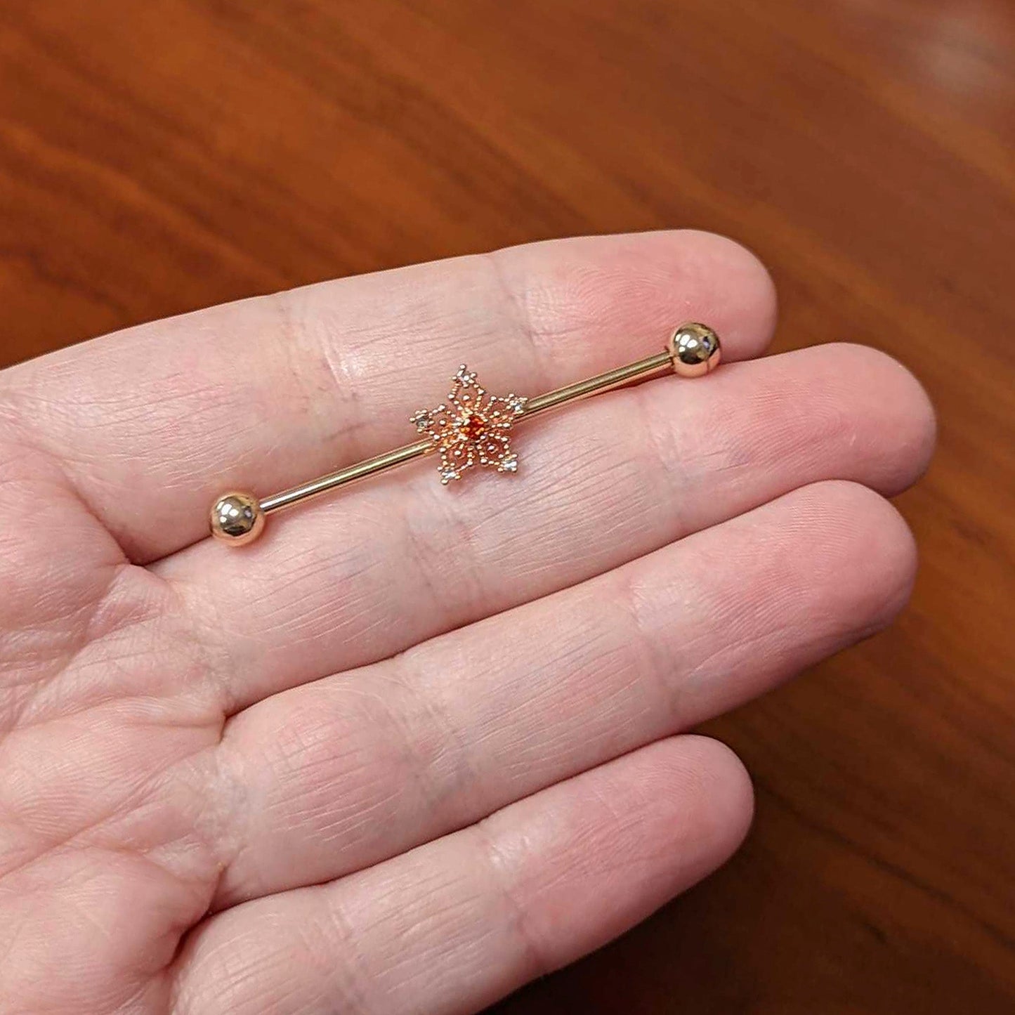 14G Red Gem Rosy Tone Texture Snowflake Industrial Barbell 38mm