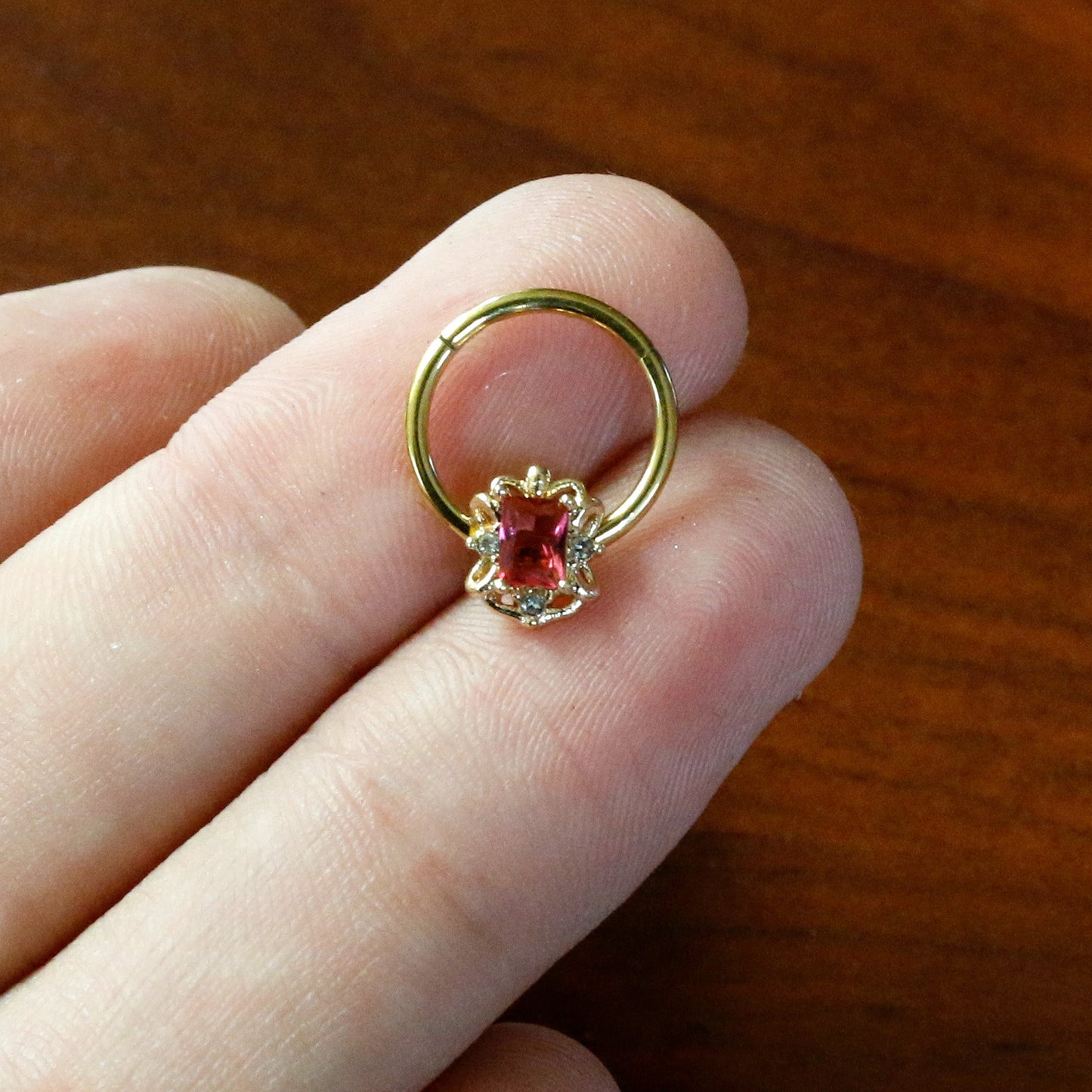 16G 3/8 Clear Pink Gem Gold Tone Open Oblong Hinged Segment Ring