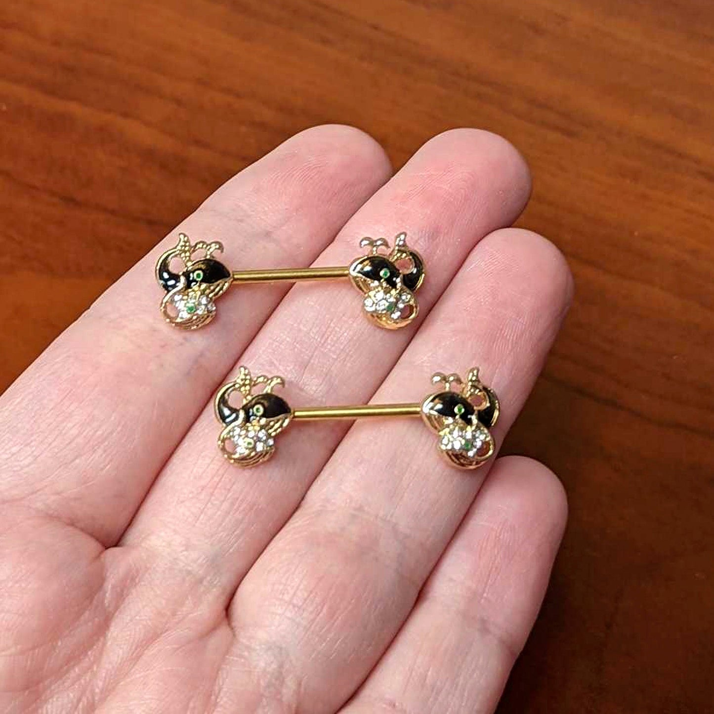 14G 9/16 Clear Gem Gold Tone Mom Baby Whale Nipple Ring Set