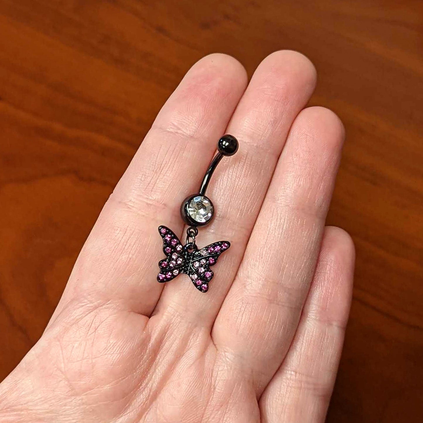 Clear Pink Gem Black Midnight Butterfly Dangle Belly Ring