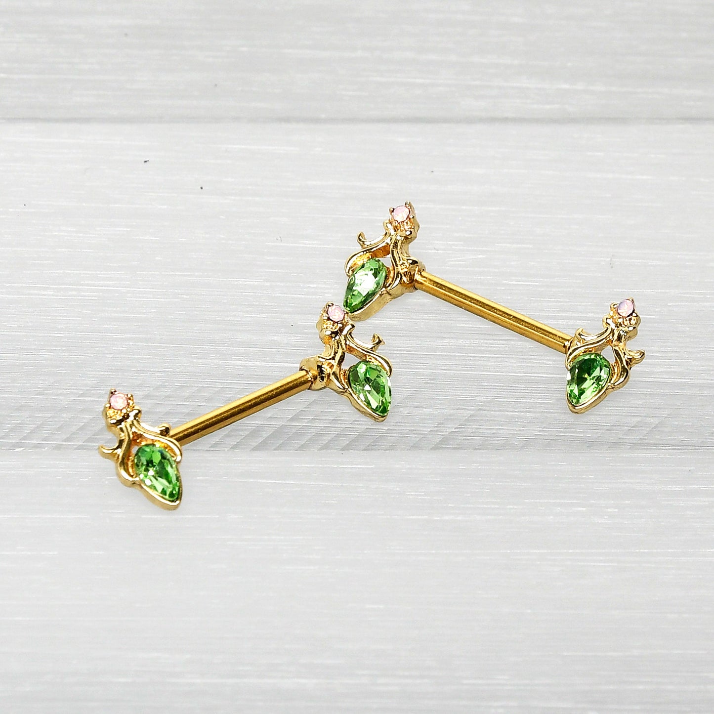 14G 9/16 Green Gem Gold Hue Spring Shades Barbell Nipple Ring Set