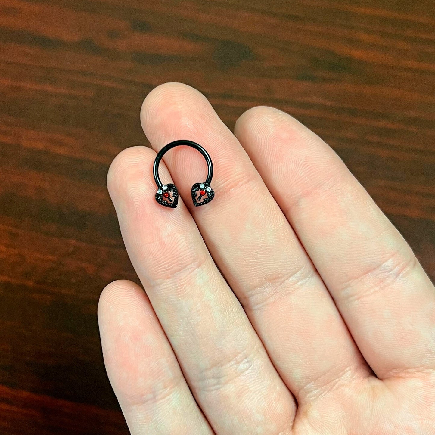 16G 3/8 Clear Red Gem Black Key Heart Horseshoe Circular Barbell