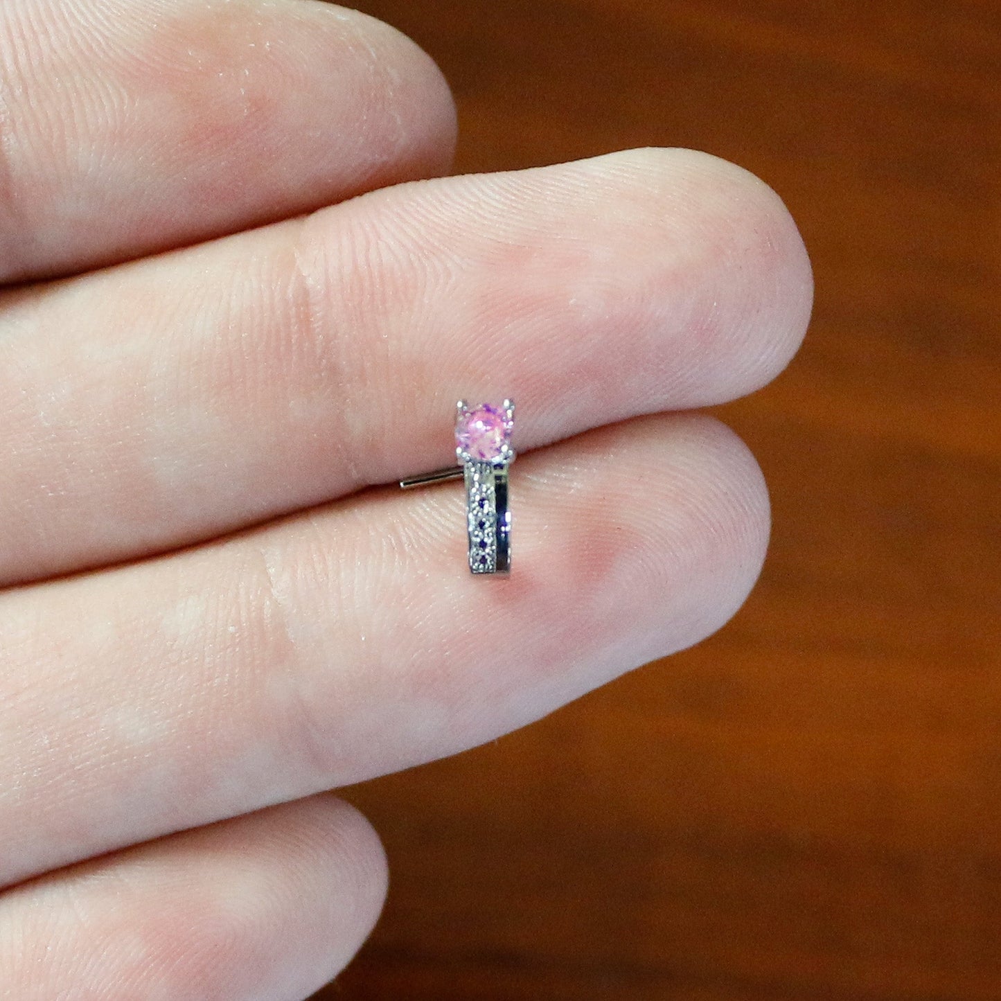 20G 1/4 Pink Gem Texture Glam Faux Hoop L Shape Nose Ring