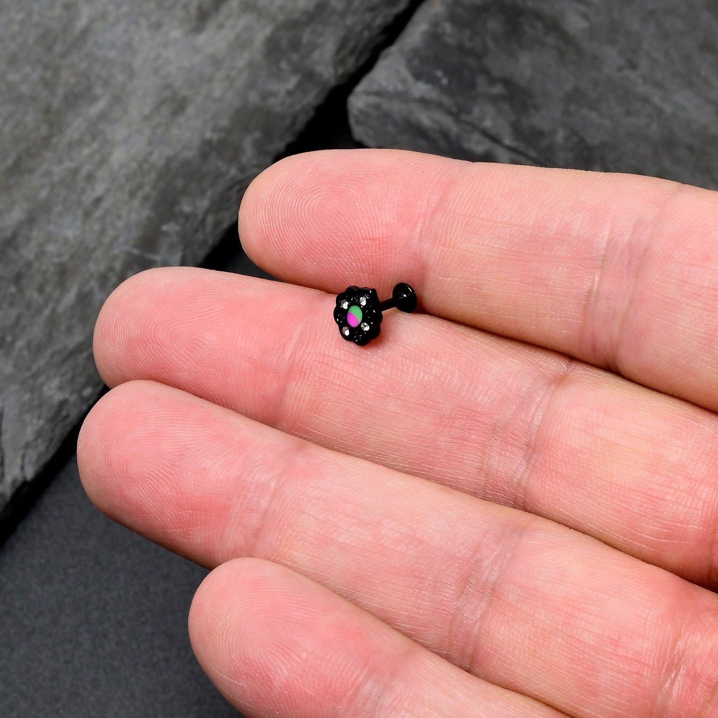 16G 1/4 CZ Faux Tourmaline Black Lacy Drop Labret