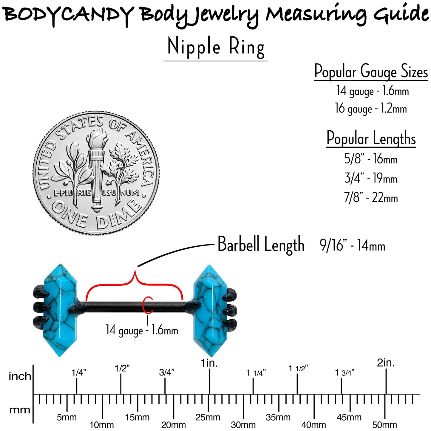 14G 9/16 Blue Turquoise Black Claw Barbell Nipple Ring Set