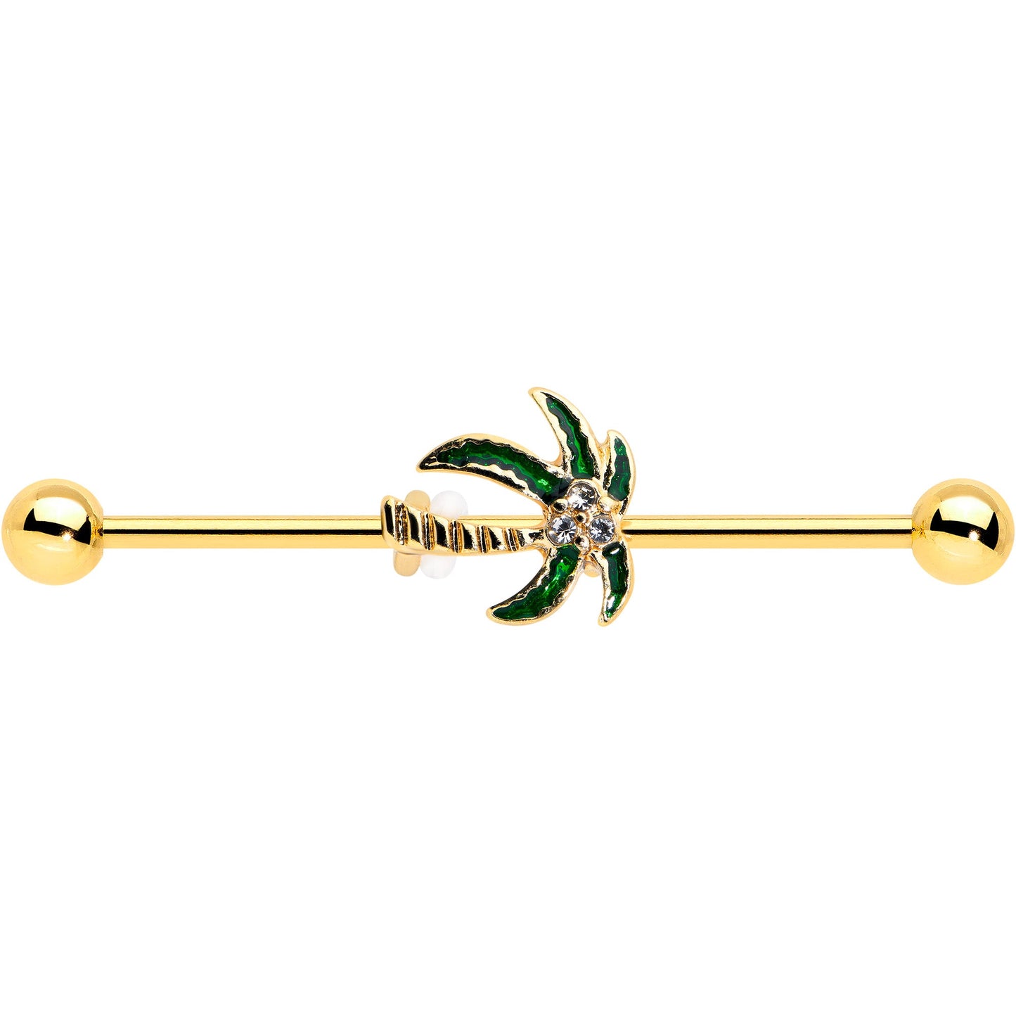 14G Clear Gem Gold Tone Palm Tree Style Industrial Barbell 38mm