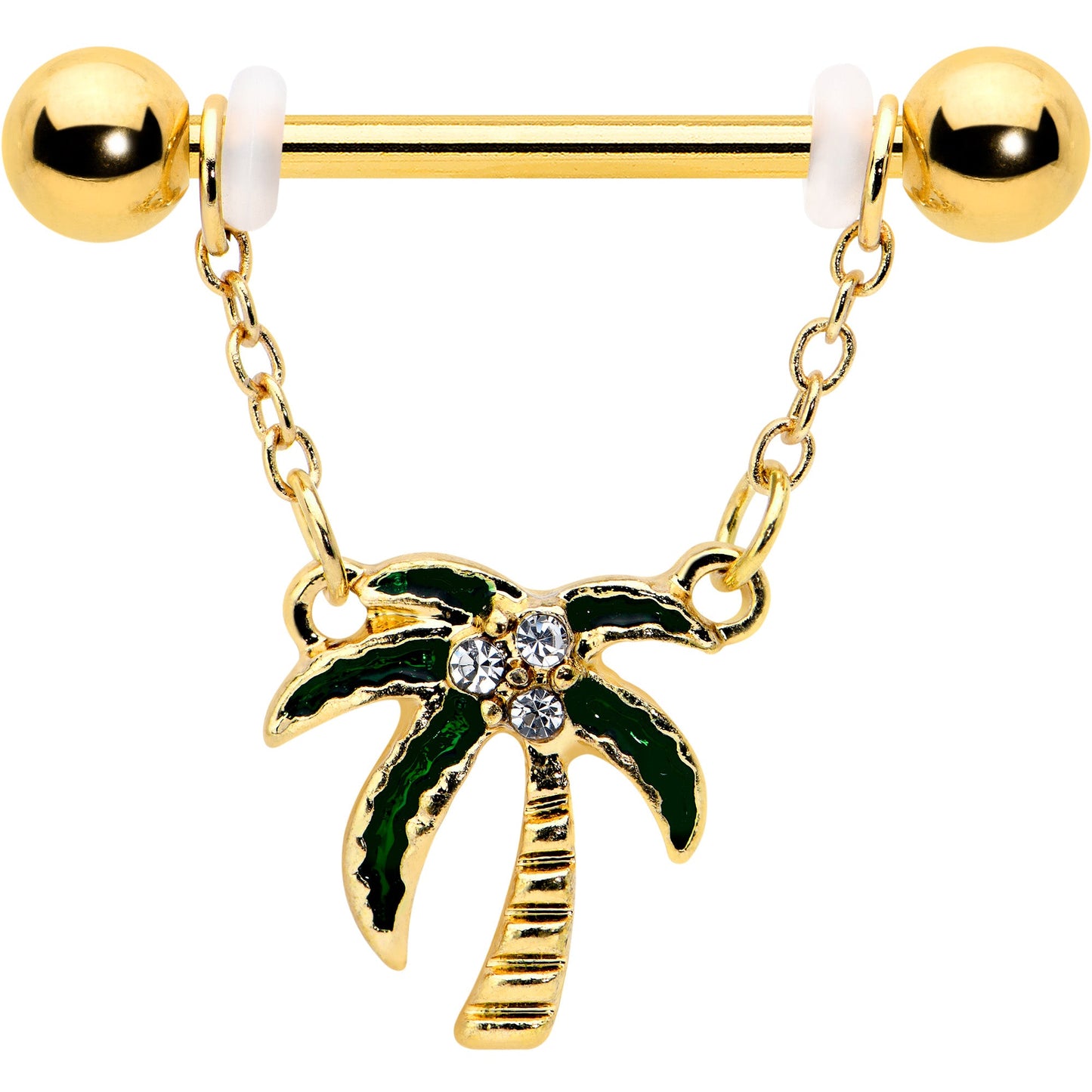14G 9/16 Clear Gem Gold Hue Palm Tree Style Dangle Nipple Ring Set