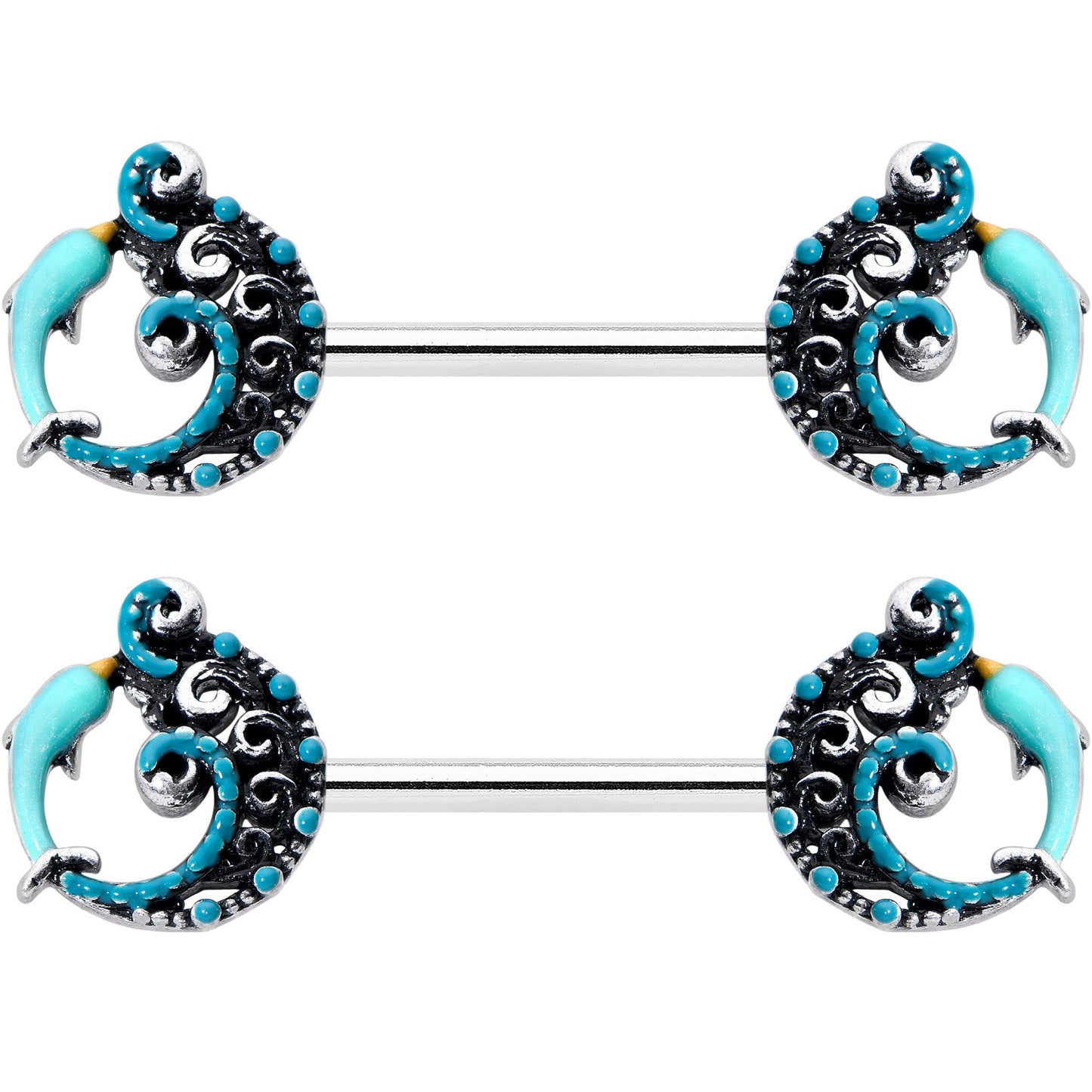 14G 9/16 Leaping Blue Dolphin Barbell Nipple Ring Set